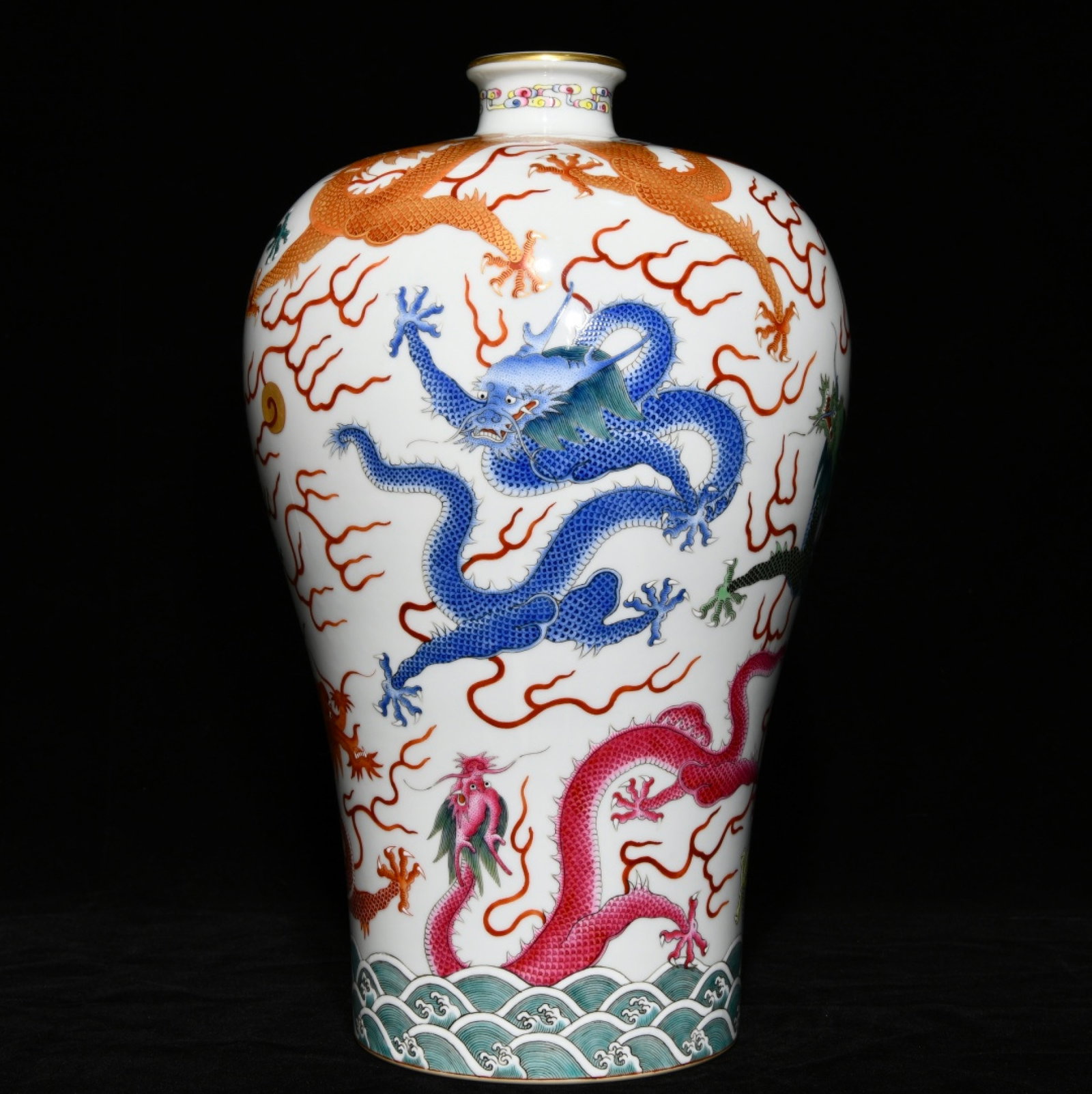 A Rare Famille-Rose Painted Gold Seawater and Dragon Pattern Vase: A Rare Famille-Rose Painted Gold Seawater and Dragon Pattern Vase,Qing Dynasty,China,Yongzheng Six-character Mark,Size:14.8inx9.3in 粉彩描金海水龙纹