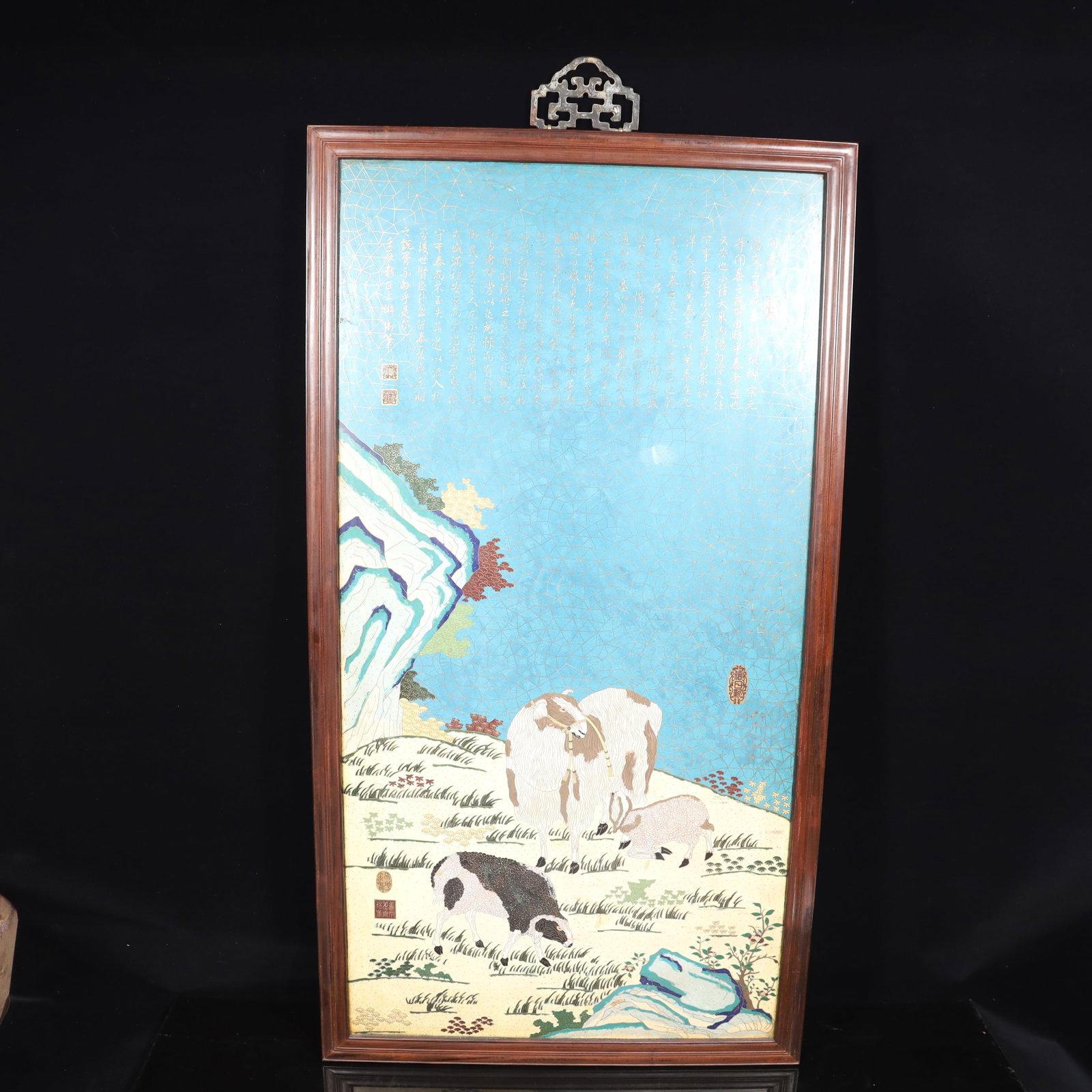 A Huge Boxwood Inlaid Cloisonne Goat Pattern Hanging Panel,With Poem: A Huge Boxwood Inlaid Cloisonne Goat Pattern Hanging Panel,With Poem,Qing Dynasty, China,Size:26inx51.6in,Weight:19150g 黄杨木镶景泰蓝羊纹挂
