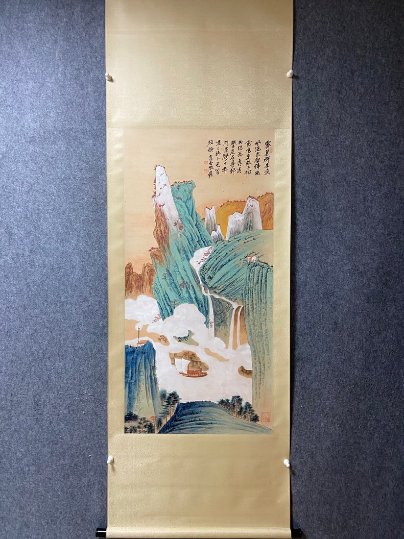 An Exquisite Chinese Vertical Scroll Ink Painting of Landscape on Paper: An Exquisite Chinese Vertical Scroll Ink Painting of Landscape on Paper,Zhang Daqian,Size:52inx25.6in 一幅中国水墨山水画立轴,张&