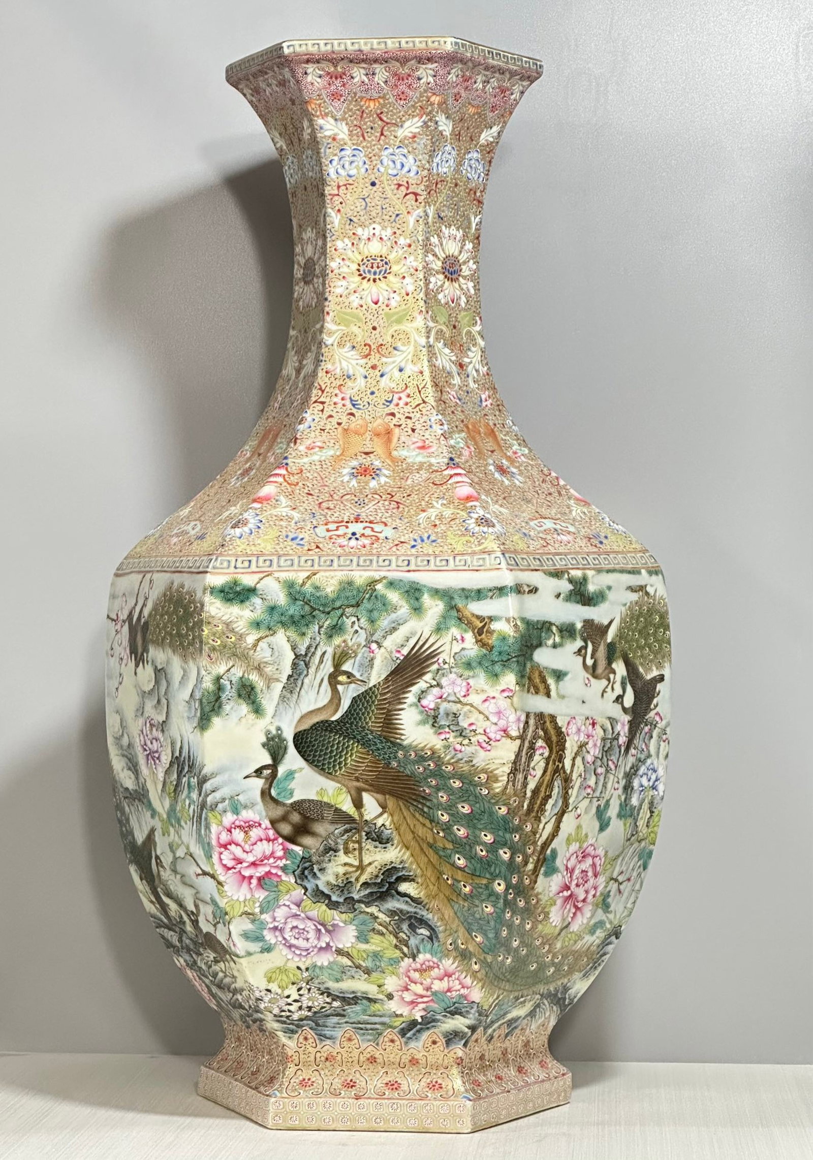 A Huge Gold Ground Enamel Flower and Peacock Pattern Vase (1 of 9)