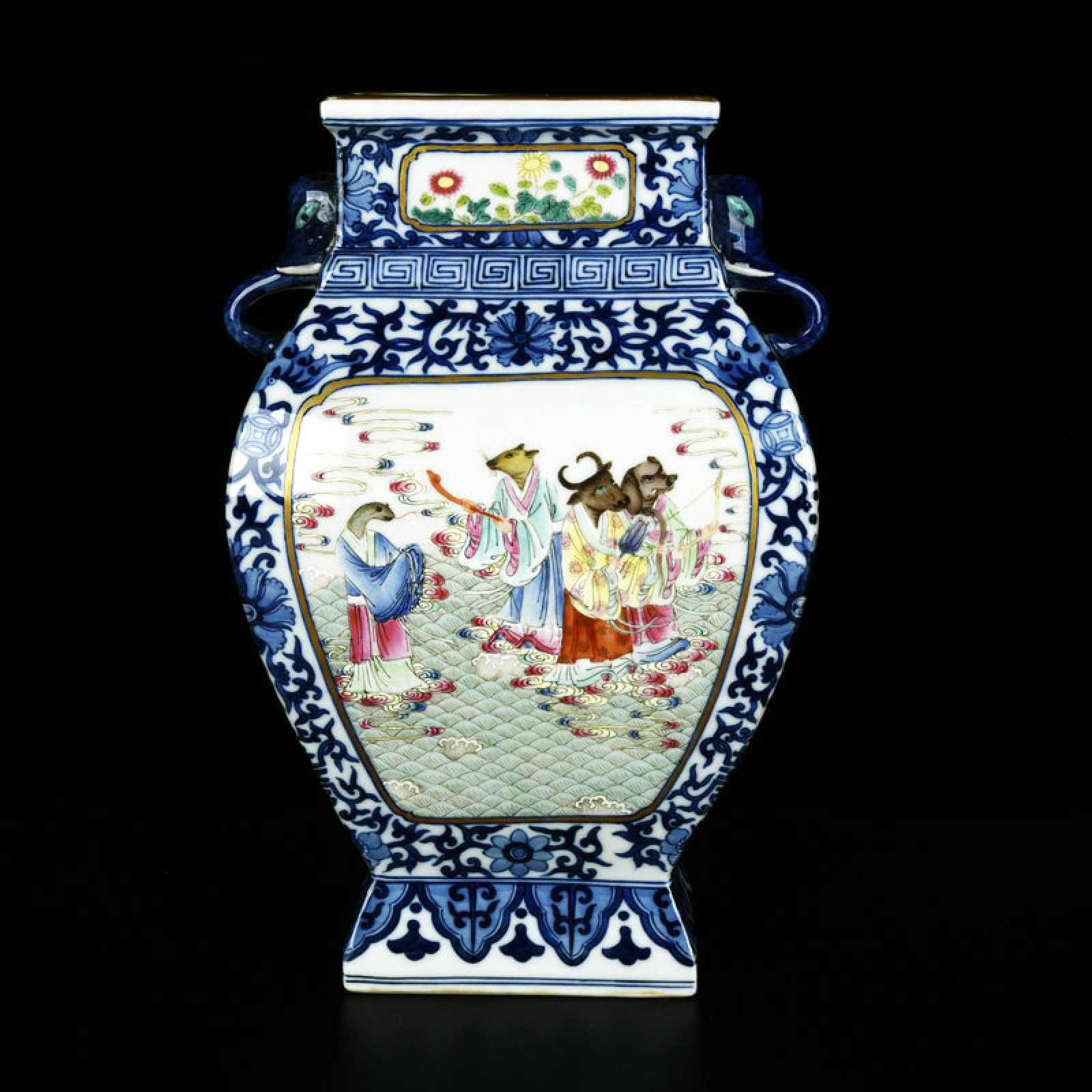 An Exquisite Blue and White Enamel the Twelve Chinese Zodiac Signs Pattern Double-Ears Vase: An Exquisite Blue and White Enamel the Twelve Chinese Zodiac Signs Pattern Double-Ears Vase,Qing Dynasty,China,Qianlong Six-character Mark,Size:10.8inx4.3inx6.7in