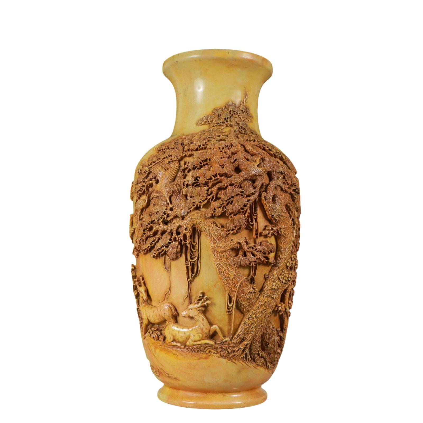 A Rare Shoushan Stone Deer and Crane Pattern Vase: A Rare Shoushan Stone Deer and Crane Pattern Vase,Qing Dynasty, China,Size:7.1inx15.4in,Weight:17000g 寿山石鹿鹤纹瓶,中国清代
