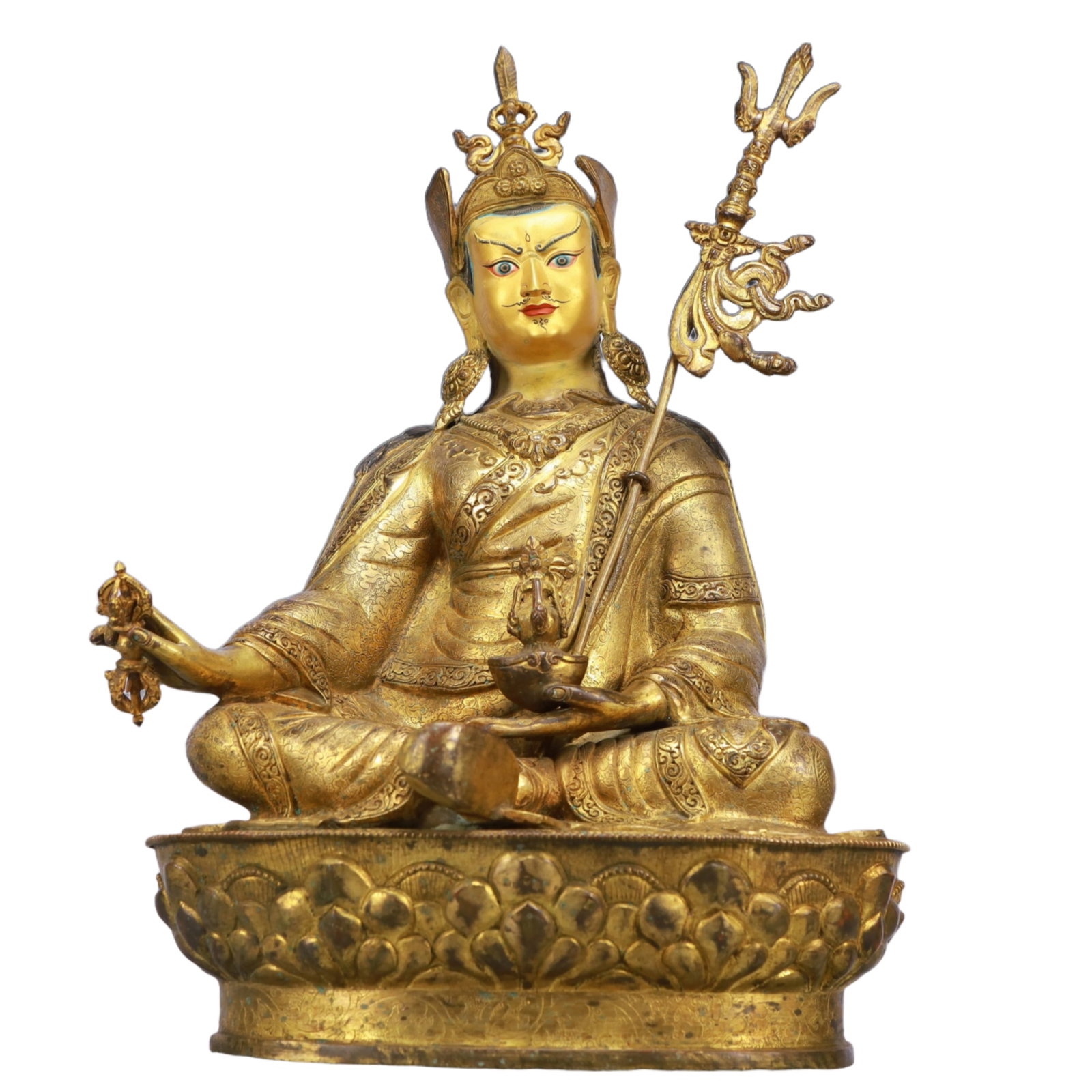 A Solemn Gilt Bronze Statue of Padma Sambhava: A Solemn Gilt Bronze Statue of Padma Sambhava,Ming Dynasty, China,Size:13inx9.8inx18.5in,Weight:9050g 铜鎏金莲花生大士像,中国明&