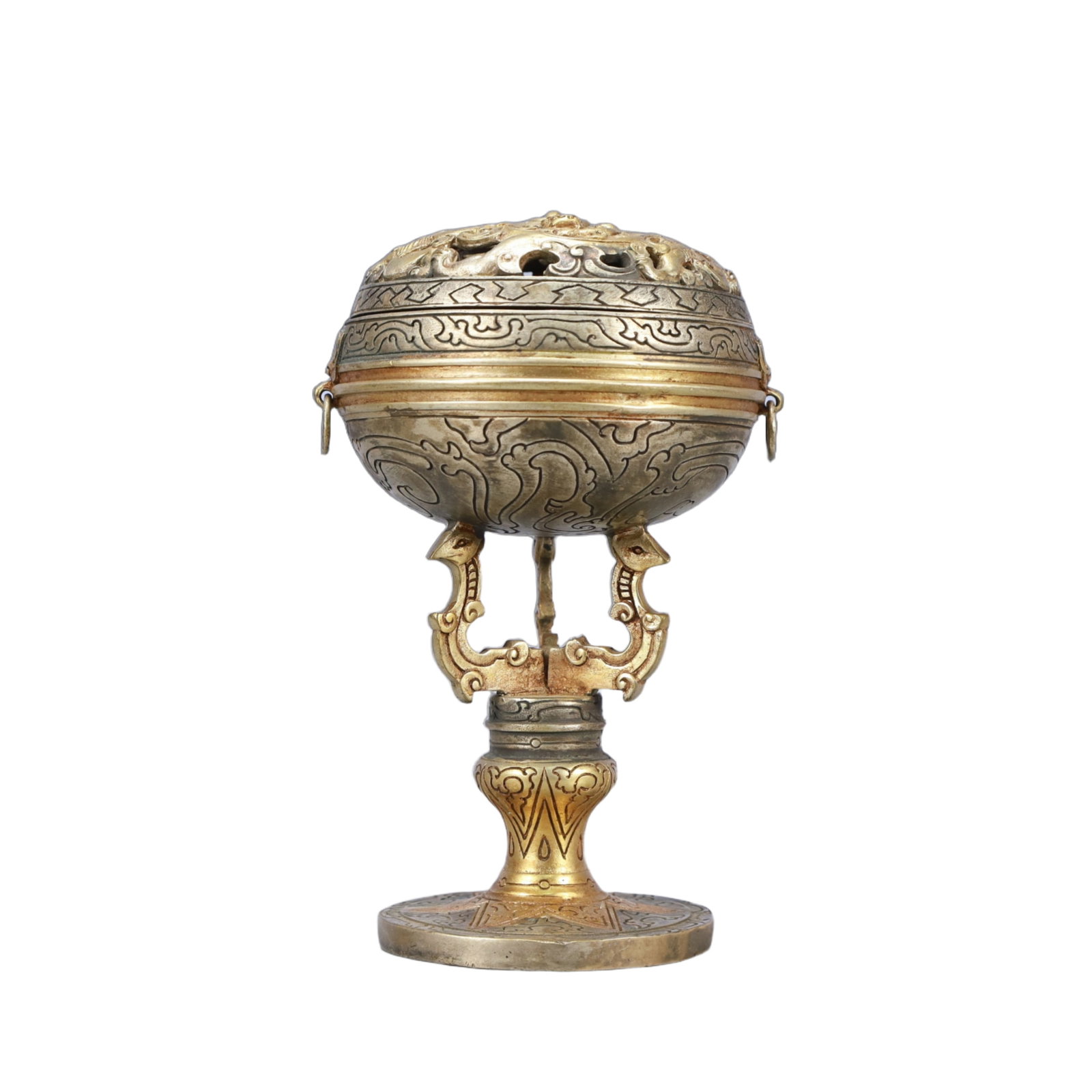 A Rare Gilt Silver Chi-Dragon Pattern Censer: A Rare Gilt Silver Chi-Dragon Pattern Censer,Tang Dynasty, China,Size:3.9inx5.9in,Weight:1150g 银鎏金螭龙纹香炉,中国唐代