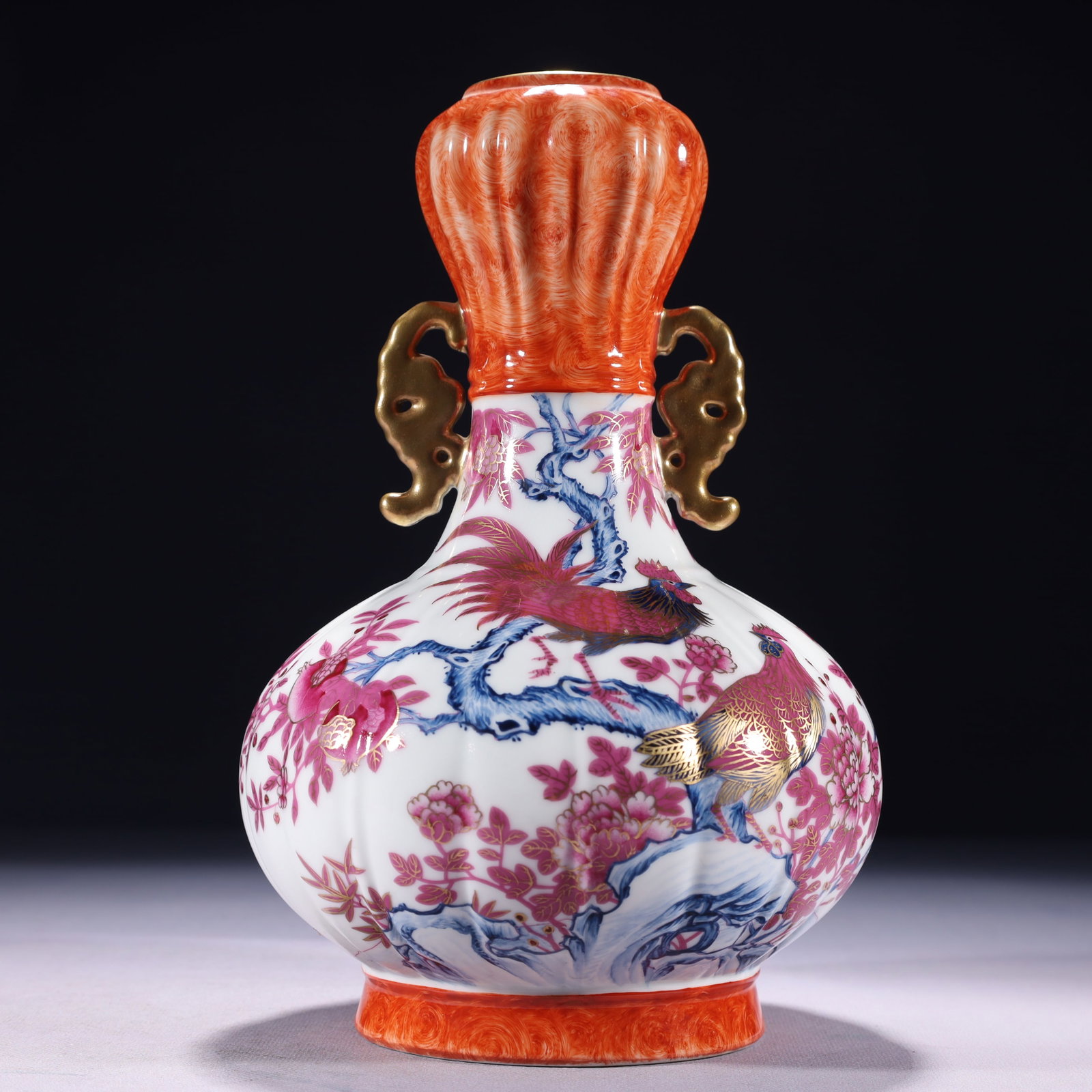 An Exquisite Blue and White Ruby Red-Glazed Painted Gold Flower and Rooster Pattern Double-Ears: An Exquisite Blue and White Ruby Red-Glazed Painted Gold Flower and Rooster Pattern Double-Ears Vase,with poem,Qing Dynasty,China,Yongzheng Four-character Mark,Size:6.3inx10.4in,Weight:1350g 青&