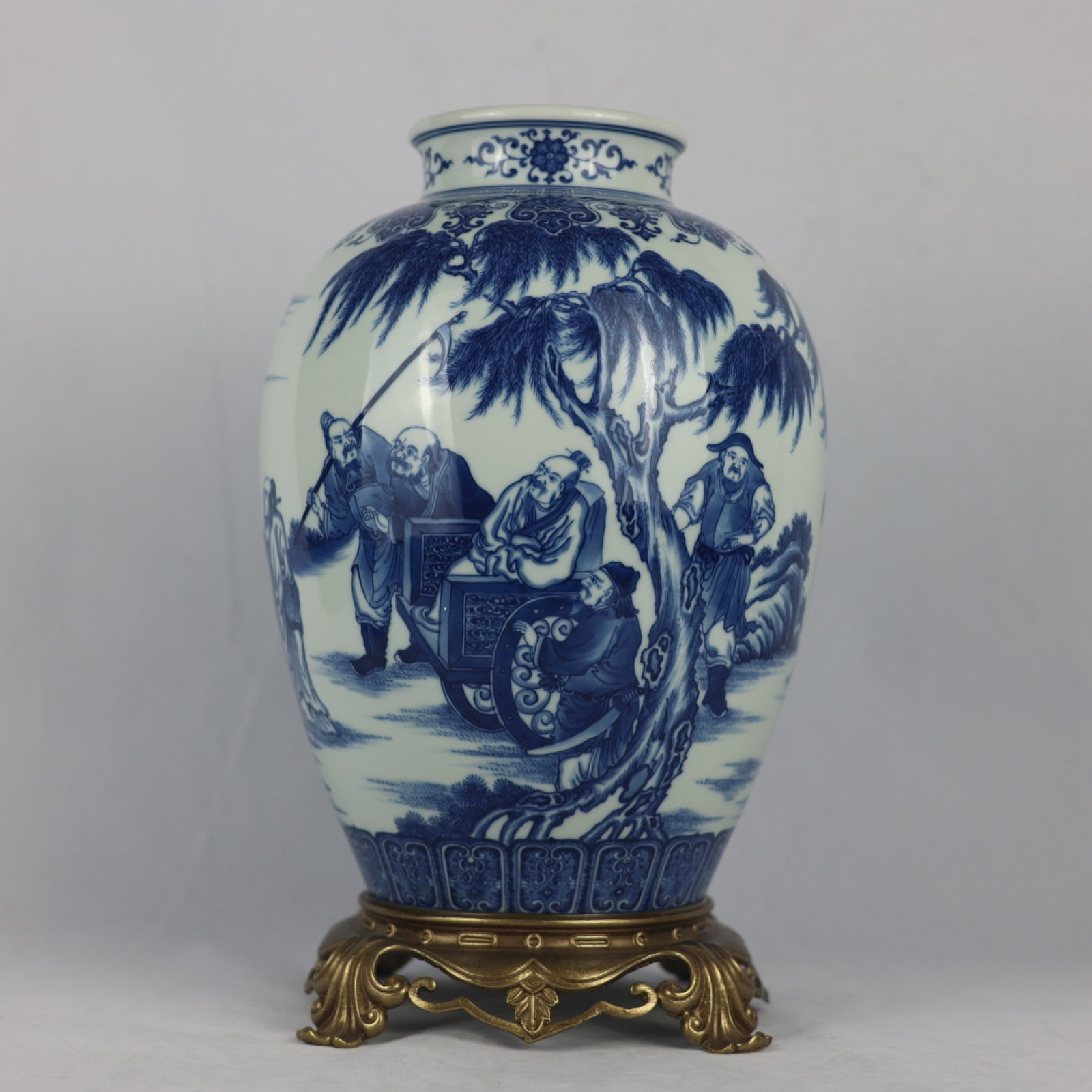A Rare Blue and White Inlaid Bronze Character and Story Pattern Vase: A Rare Blue and White Inlaid Bronze Character and Story Pattern Vase,Qing Dynasty,China,Yongzheng Six-character Mark,Size:15inx8.7in 青花镶铜人物故事