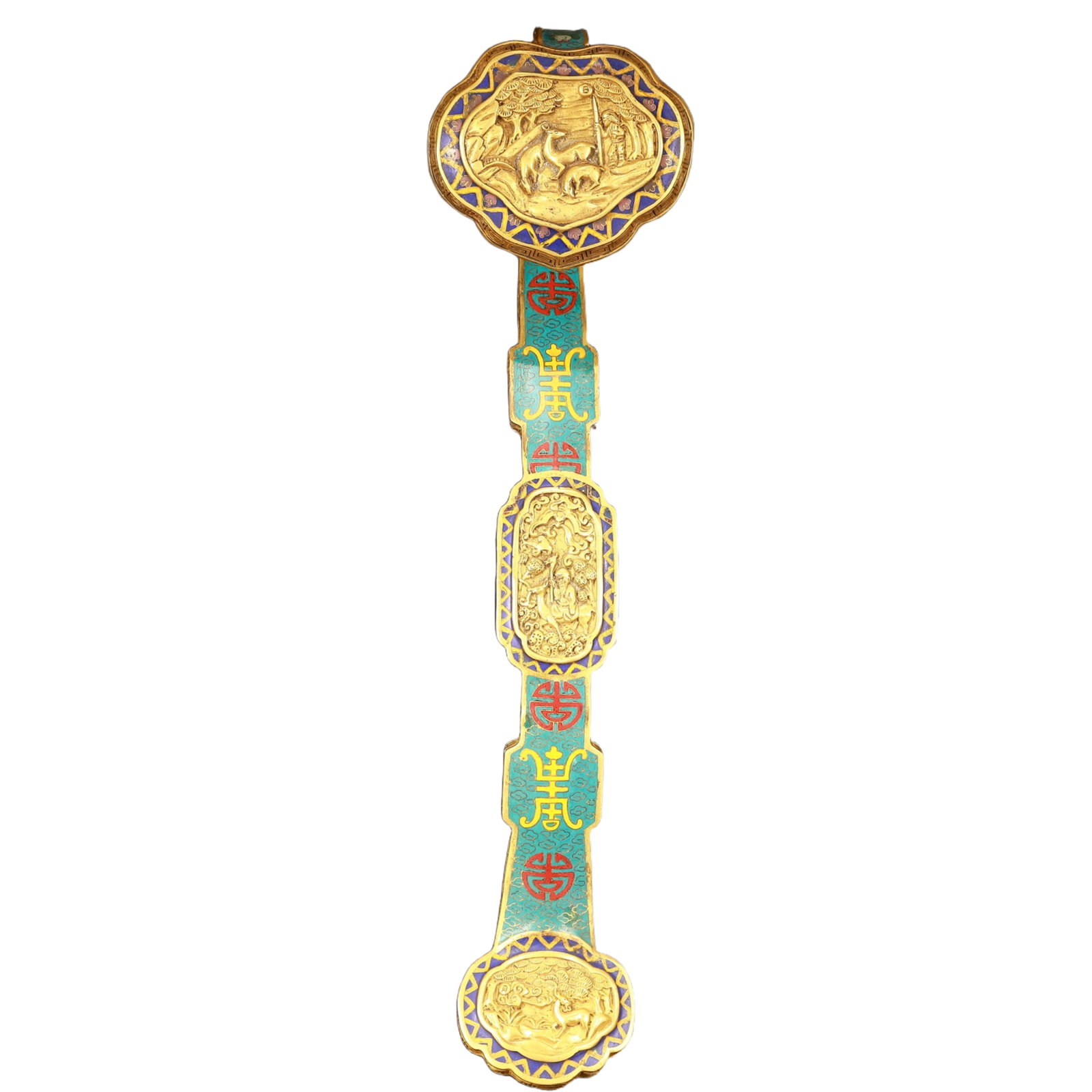 A Huge Cloisonne Figure Pattern Ruyi: A Huge Cloisonne Figure Pattern Ruyi,(A type of enamelware with metal wires separating colored glaze, originating in China),Qing Dynasty,China,Qianlong Four-character Mark,Size:18.5inx4.7inx3.9in,Weig