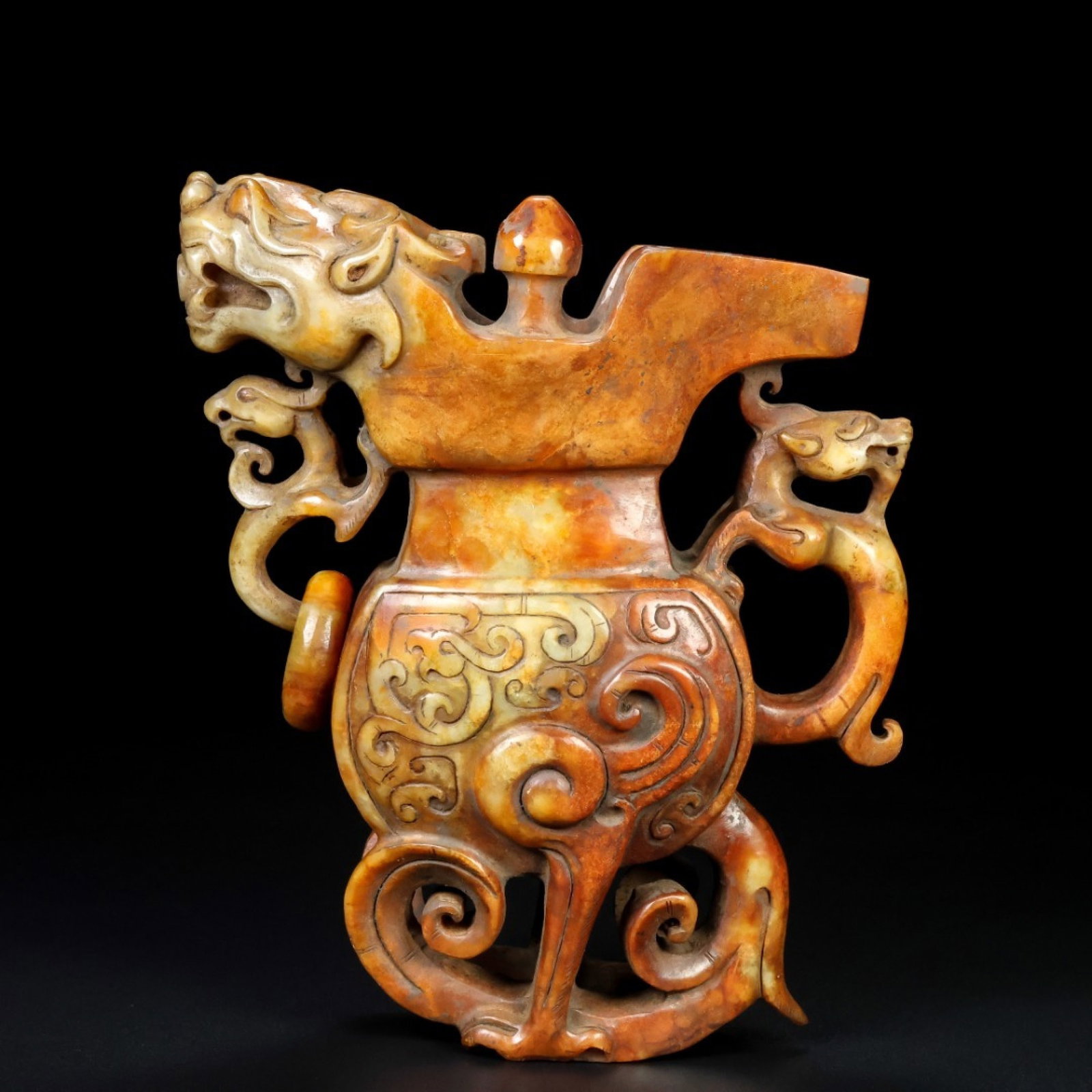 An Exquisite White Jade Dragon and Phoenix Pattern Pot: An Exquisite White Jade Dragon and Phoenix Pattern Pot,Qing Dynasty,China,Size:6.2inx5.3inx2.2in,Weight:790.9g 白玉龙凤纹壶,中国清代