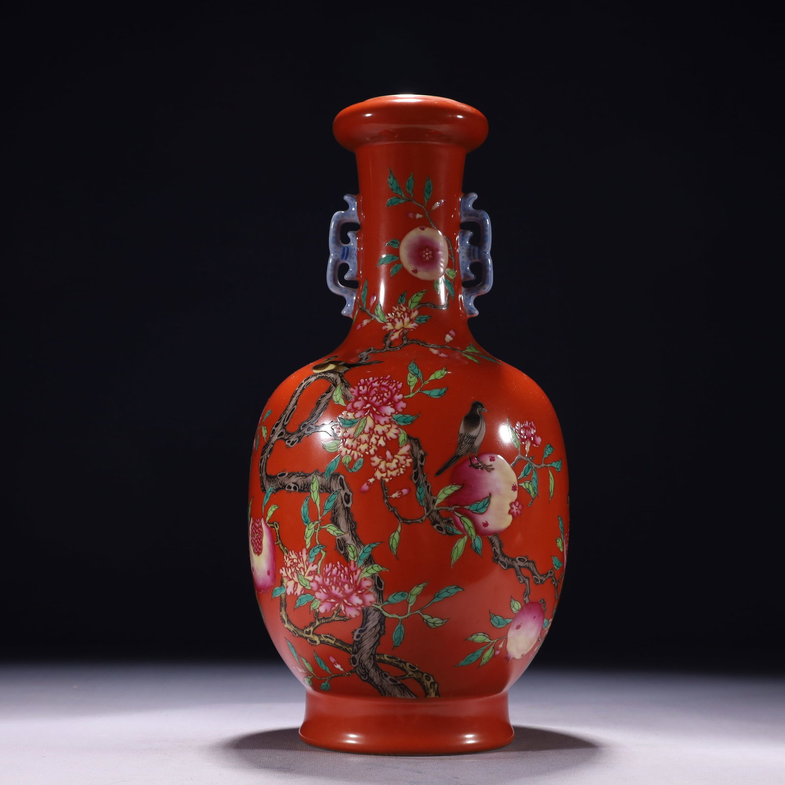 An Exquisite Famille-Rose Painted Gold Flower and Bird Pattern Double-Ears Vase,with poem: An Exquisite Famille-Rose Painted Gold Flower and Bird Pattern Double-Ears Vase,with poem,Qing Dynasty,China,Qianlong Six-character Mark,Size:6.3inx14.2in,Weight:1950g 粉彩描金