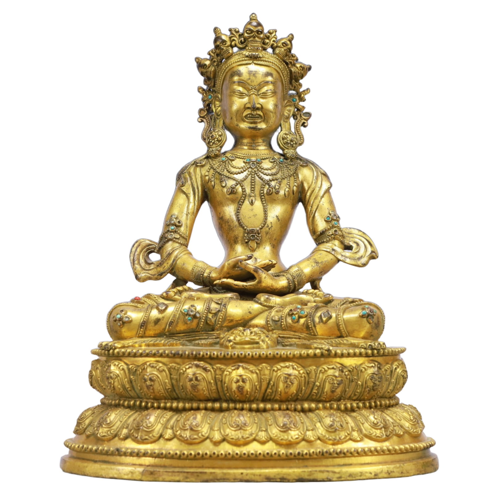 A Solemn Gilt Bronze Statue of Amitayus,Inlaid Turquoise: A Solemn Gilt Bronze Statue of Amitayus,Inlaid Turquoise,Ming Dynasty, China,Size:9.4inx7.1inx13.4in,Weight:6400g 铜鎏金无量寿佛像,嵌绿Ĉ
