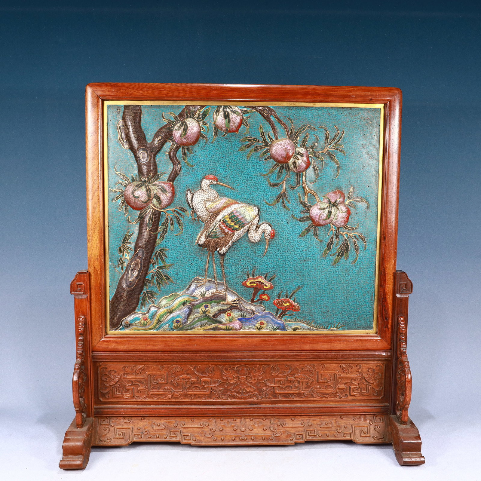 A Huge Huanghuali woodInlaid Cloisonne Crane and Peach Pattern Table Screen: A Huge Huanghuali woodInlaid Cloisonne Crane and Peach Pattern Table Screen,Qing Dynasty, China,Size:24.8inx9.4inx26in,Weight:7850g 黄花梨木镶景泰蓝(