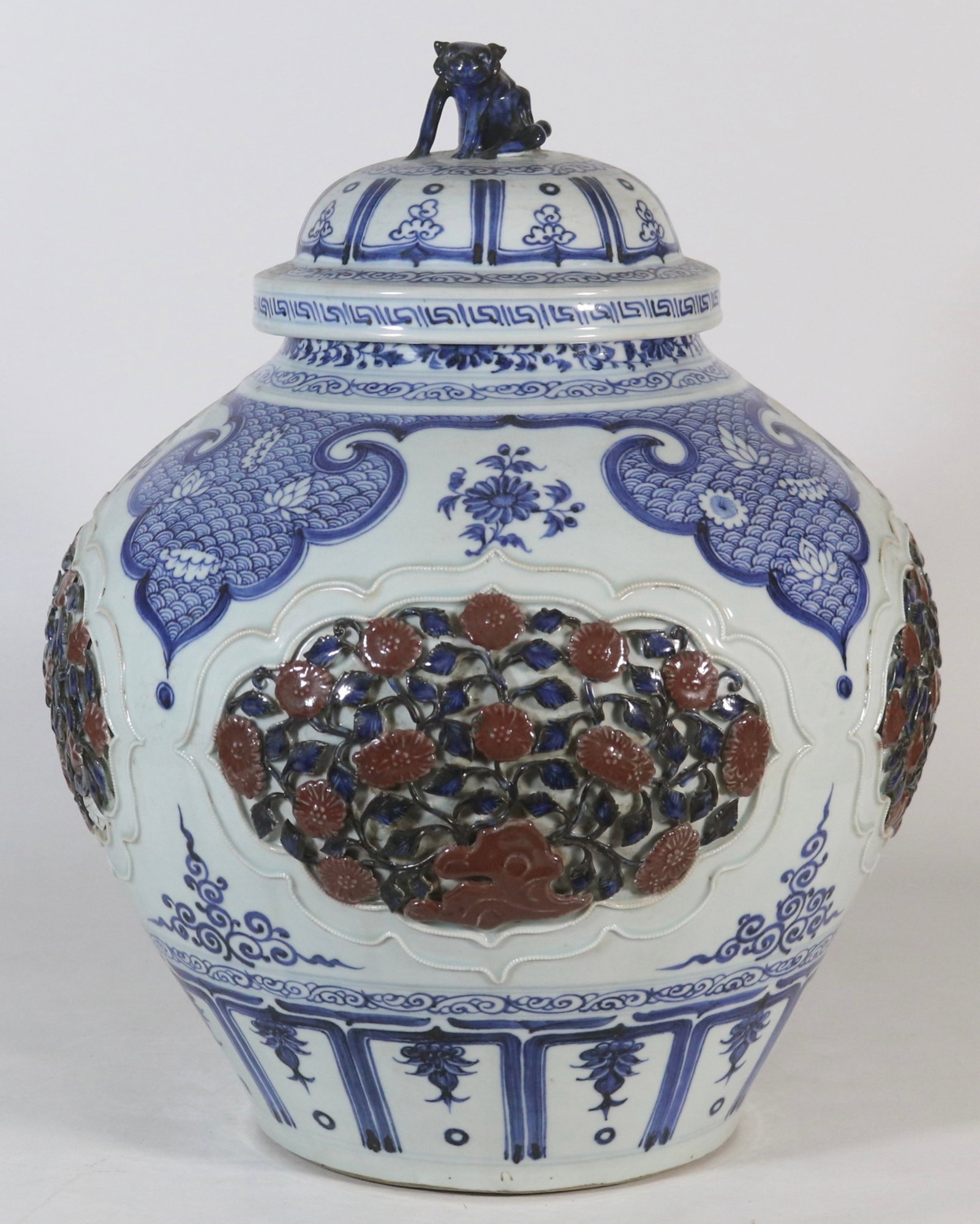 A fine blue and white underglaze red covered jar with openwork strange rock and floral pattern (1 of 8)