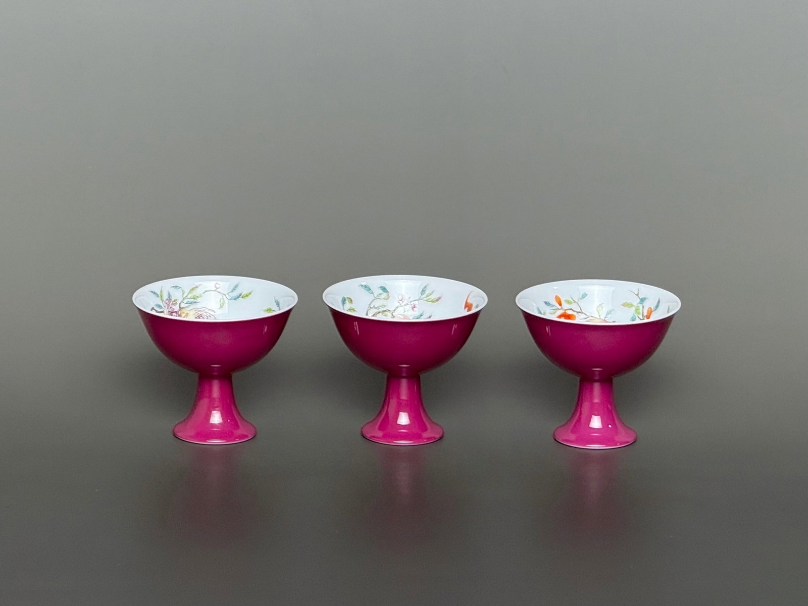 A Set of Fine Ruby Red-Glazed Enamel Flower and Fruit Pattern Stem Cups: A Set of Fine Ruby Red-Glazed Enamel Flower and Fruit Pattern Stem Cups,Qing Dynasty,China,Yongzheng Four-character Mark,Size:2.2inx1.8in 一套胭脂红珐琅ঊ