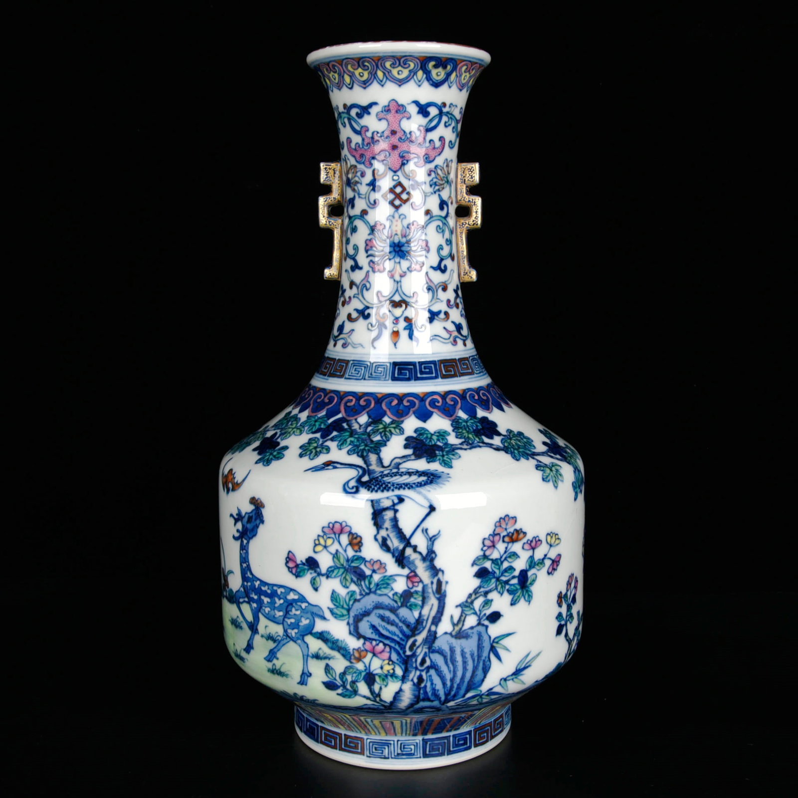 A Rare Doucai Flower and Crane Pattern Double-Ears Vase: A Rare Doucai Flower and Crane Pattern Double-Ears Vase,Qing Dynasty,China,Qianlong Six-character Mark,Size:13inx7.5in 斗彩花卉鹤纹双耳瓶,中