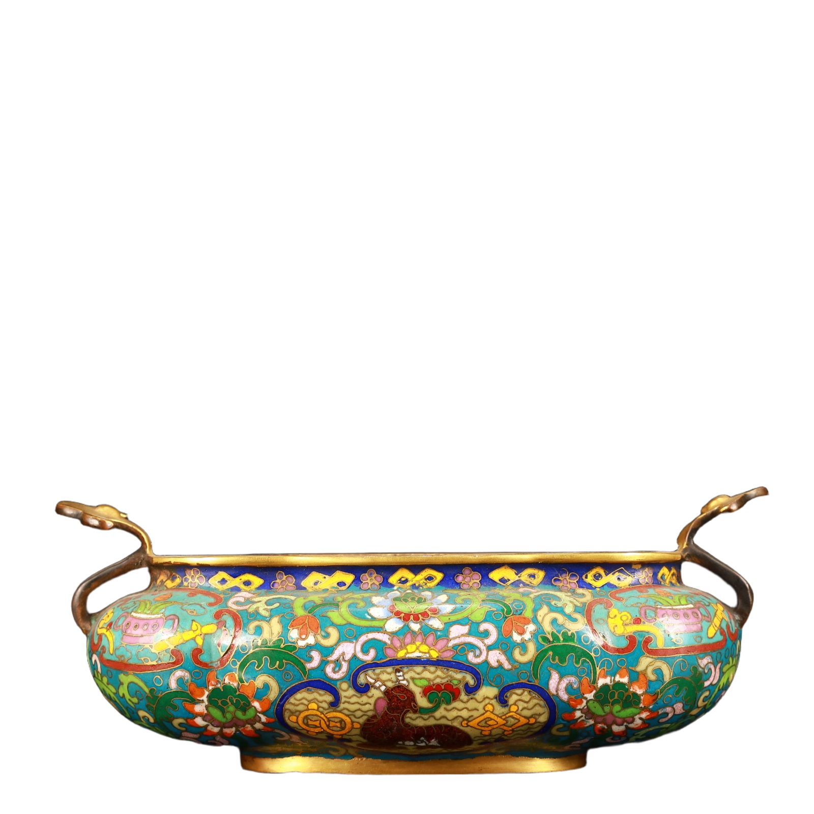 An Exquisite Cloisonne Lotus and Sheep Pattern Double-Ears Censer: An Exquisite Cloisonne Lotus and Sheep Pattern Double-Ears Censer,(A type of enamelware with metal wires separating colored glaze, originating in China),Ming Dynasty,China,Xuande
