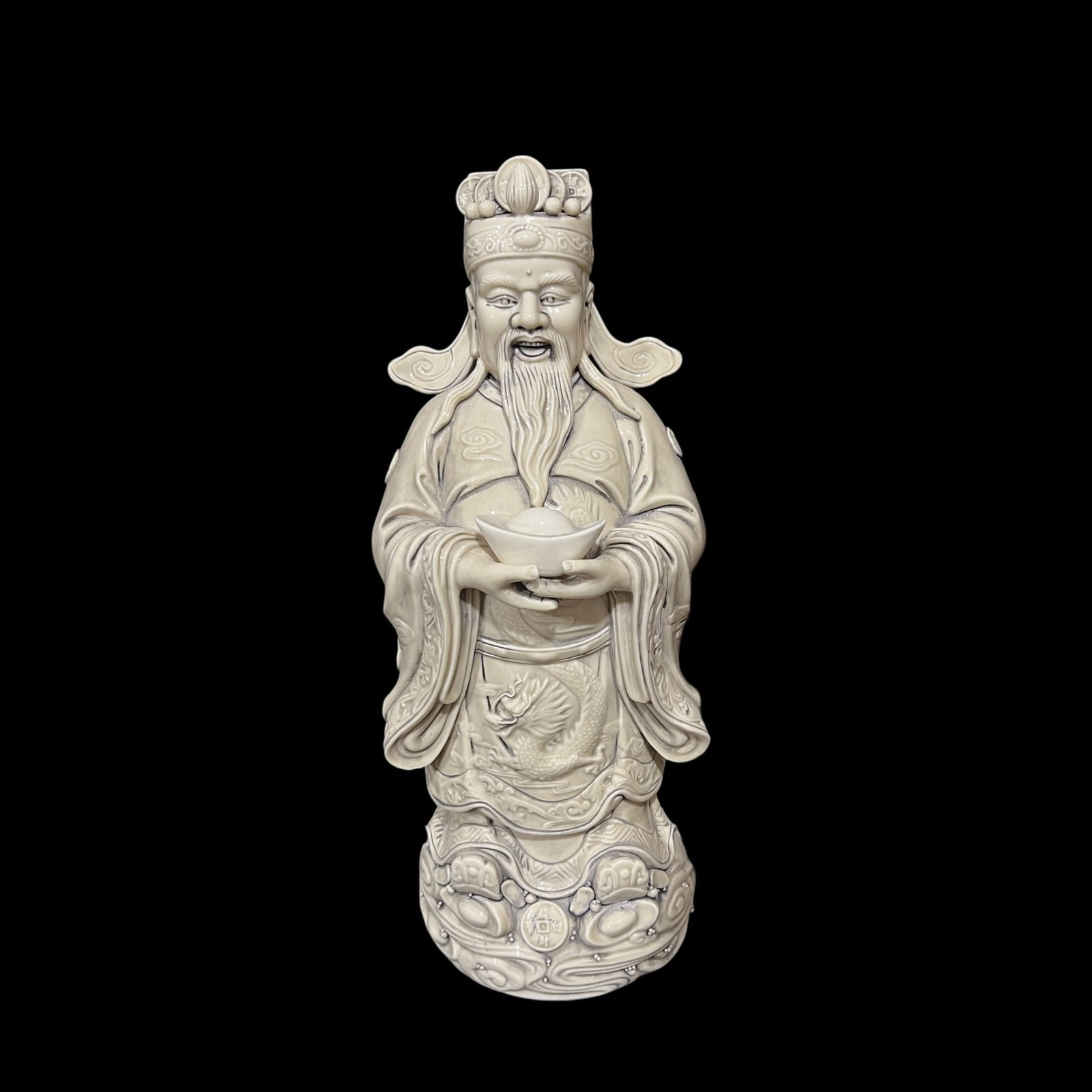 A Solemn Blance-De-Chine Statue of Mammon: A Solemn Blance-De-Chine Statue of Mammon,Ming Dynasty,China,He Chaozong Mark,Size:20.3in 德化瓷财神像,中国明代,何朝宗