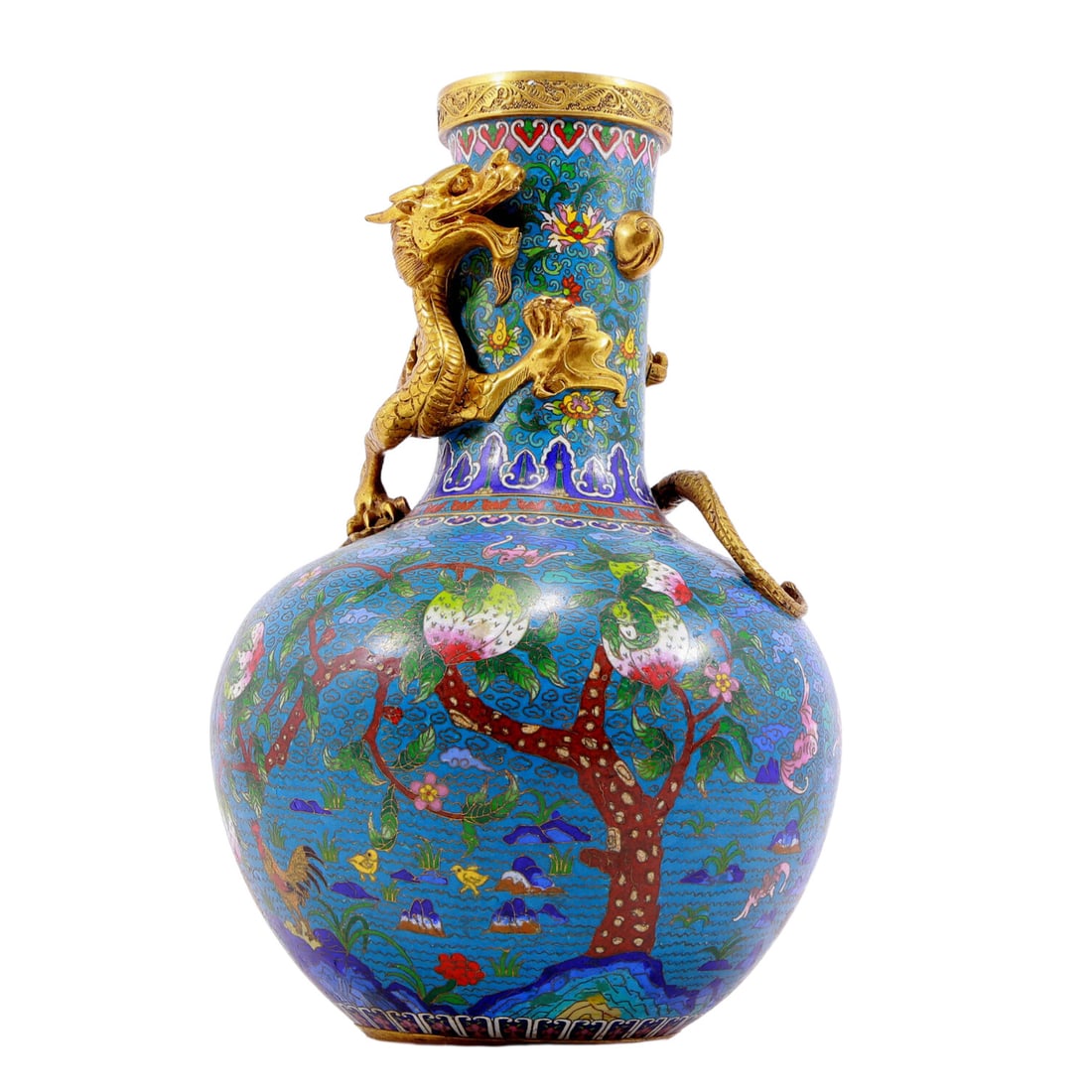 A Magnificent Cloisonne 'Peach' Vase: A Magnificent Cloisonne 'Peach' Vase. The neck is cast with a gilt, scaly, sinuous dragon, body enameled with polychrome patterns, all reserved on a bright turquoise ground. Chinese Qing Dynasty.