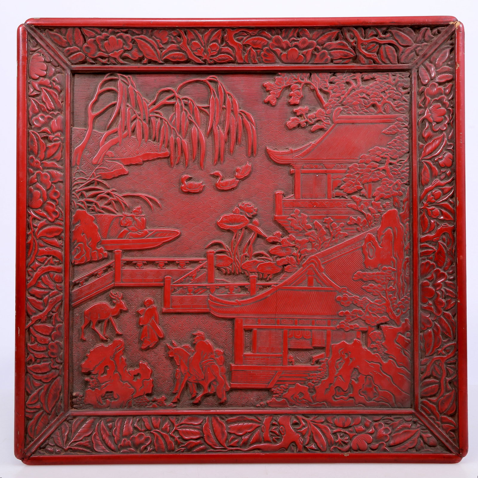 An Excellent Cinnabar-Lacquer 'Figure& Landscape' Dish: An Excellent Cinnabar-Lacquer 'Figure& Landscape' Dish. Carved with trees and ancient Chinese architecture. Chinese Ming Dynasty. Size:15.4inx1.6in. Weight:1470g. 明代 剔红