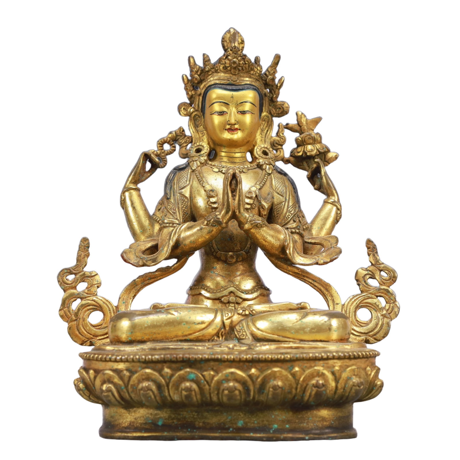 A Solemn Gilt Bronze Statue of Four-Armed Guanyin: A Solemn Gilt Bronze Statue of Four-Armed Guanyin,Qing Dynasty, China,Size:6.7inx2.4inx8.7in,Weight:1400g 铜鎏金四臂观音像,中国清É
