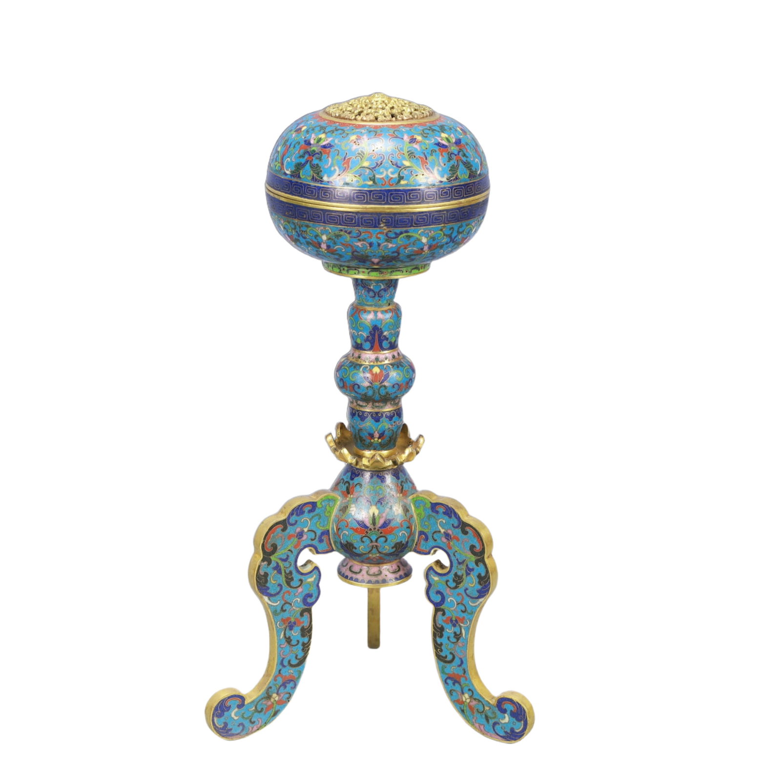 A Rare Cloisonne Lotus Pattern Tripod Censer: A Rare Cloisonne Lotus Pattern Tripod Censer,Qing Dynasty, China,Qianlong Four-character Mark,Size:7.1inx13.4in,Weight:1750g 景泰蓝缠枝莲纹三足