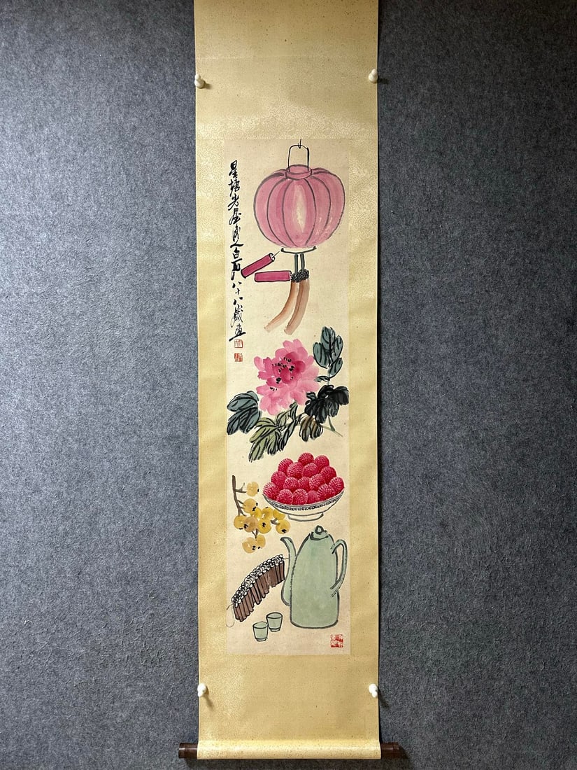 An Exquisite Chinese Vertical Scroll Ink Painting of Melon and Fruit on Paper: An Exquisite Chinese Vertical Scroll Ink Painting of Melon and Fruit on Paper,Qi Baishi,Size:54.3inx13in 一幅中国水墨瓜果画立轴,࿮