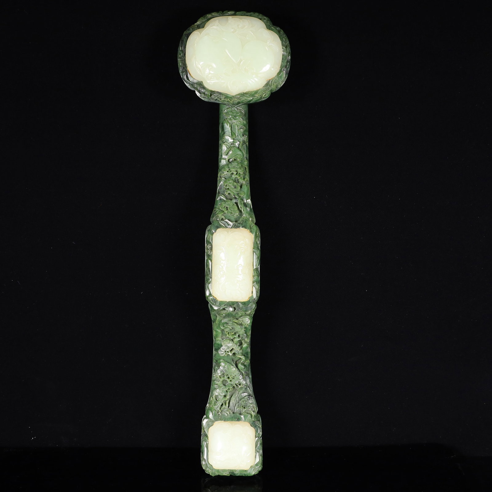 A Huge White Jade Inlaid White Jade Pine and Fruit Pattern Ruyi: A Huge White Jade Inlaid White Jade Pine and Fruit Pattern Ruyi,Qing Dynasty, China,Size:19.3inx4.5inx3.9in,Weight:1650g 碧玉镶白玉松果纹如意