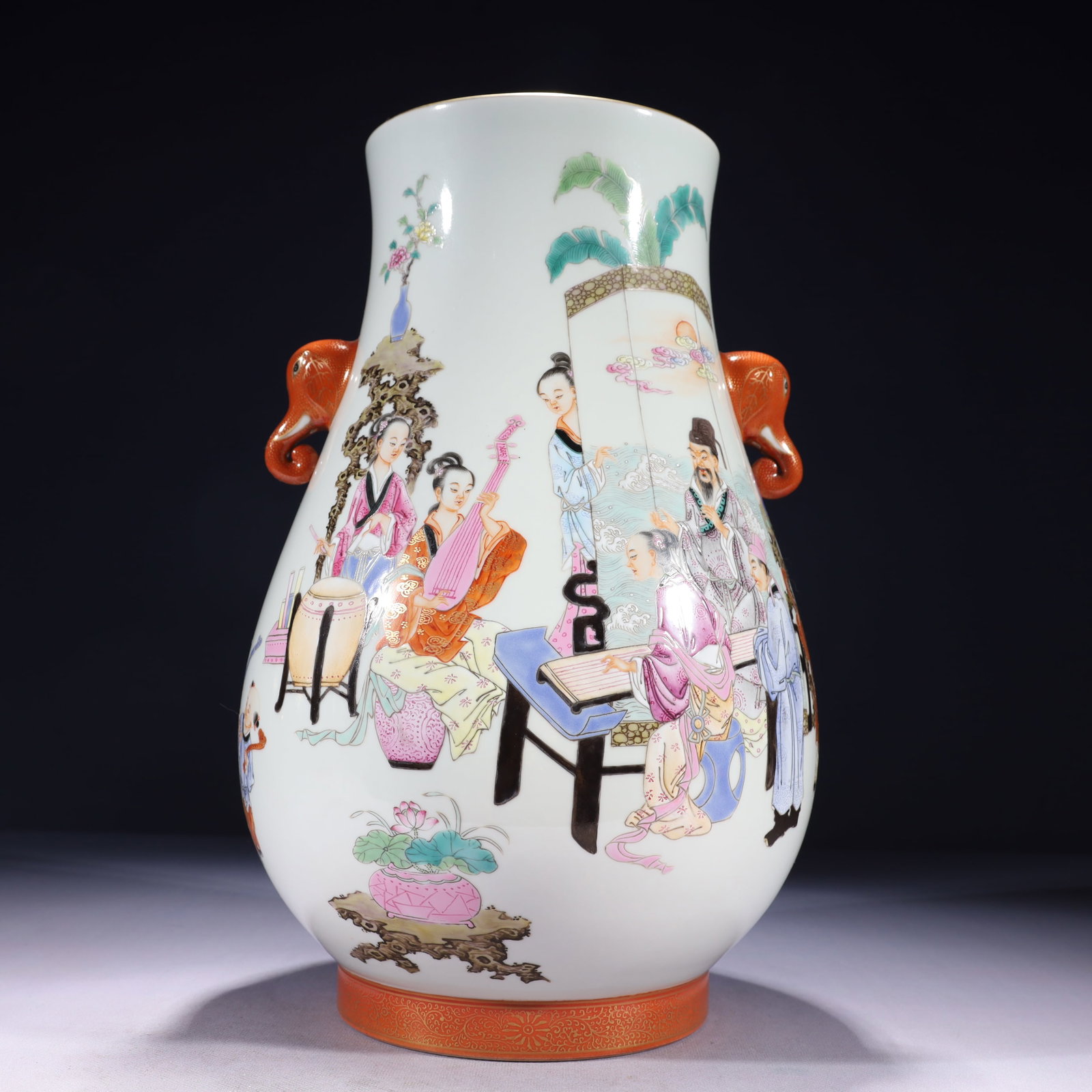 An Exquisite Famille-Rose Painted Gold Character and Story Pattern Elephant-Ears Vase,with poem: An Exquisite Famille-Rose Painted Gold Character and Story Pattern Elephant-Ears Vase,with poem,Qing Dynasty,China,Qianlong Six-character Mark,Size:9.1inx15in,Weight:4750g 粉彩描%