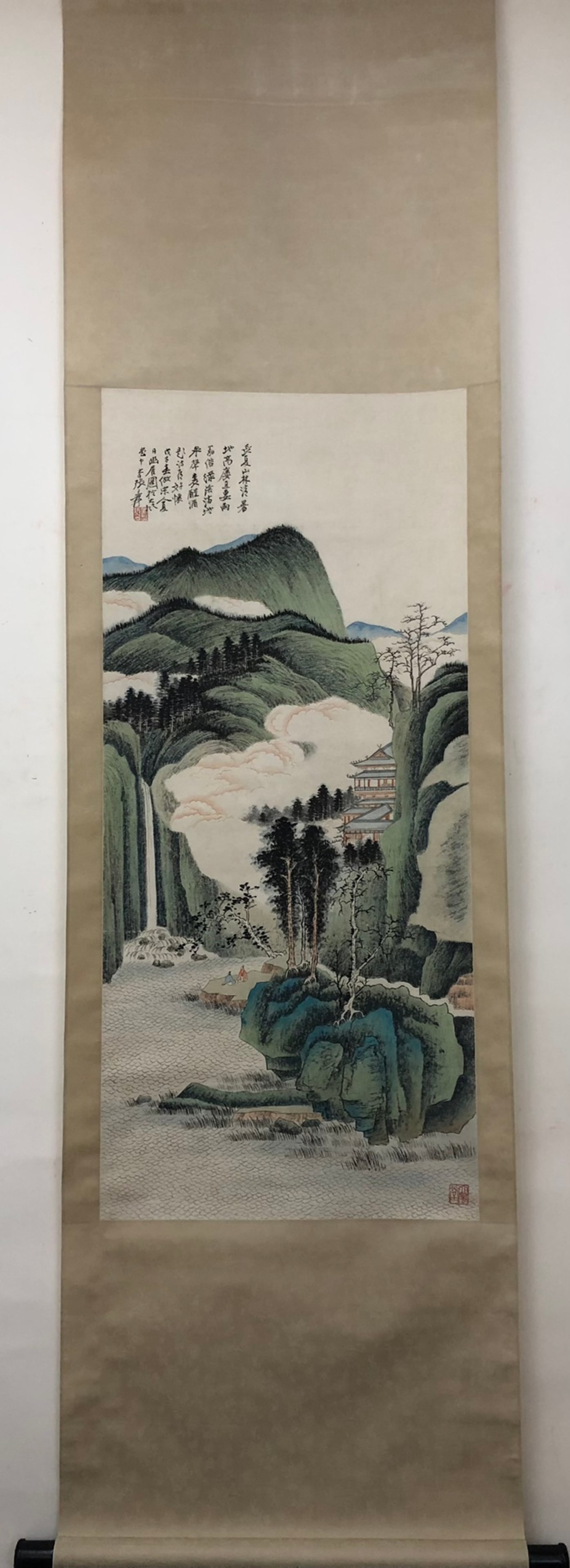 A Chinese Vertical Scroll Ink Painting of Landscape on Paper: A Chinese Vertical Scroll Ink Painting of Landscape on Paper,Zhang Daqian,Size:40.9inx18.1in 一幅中国水墨山水画立轴,张大&#