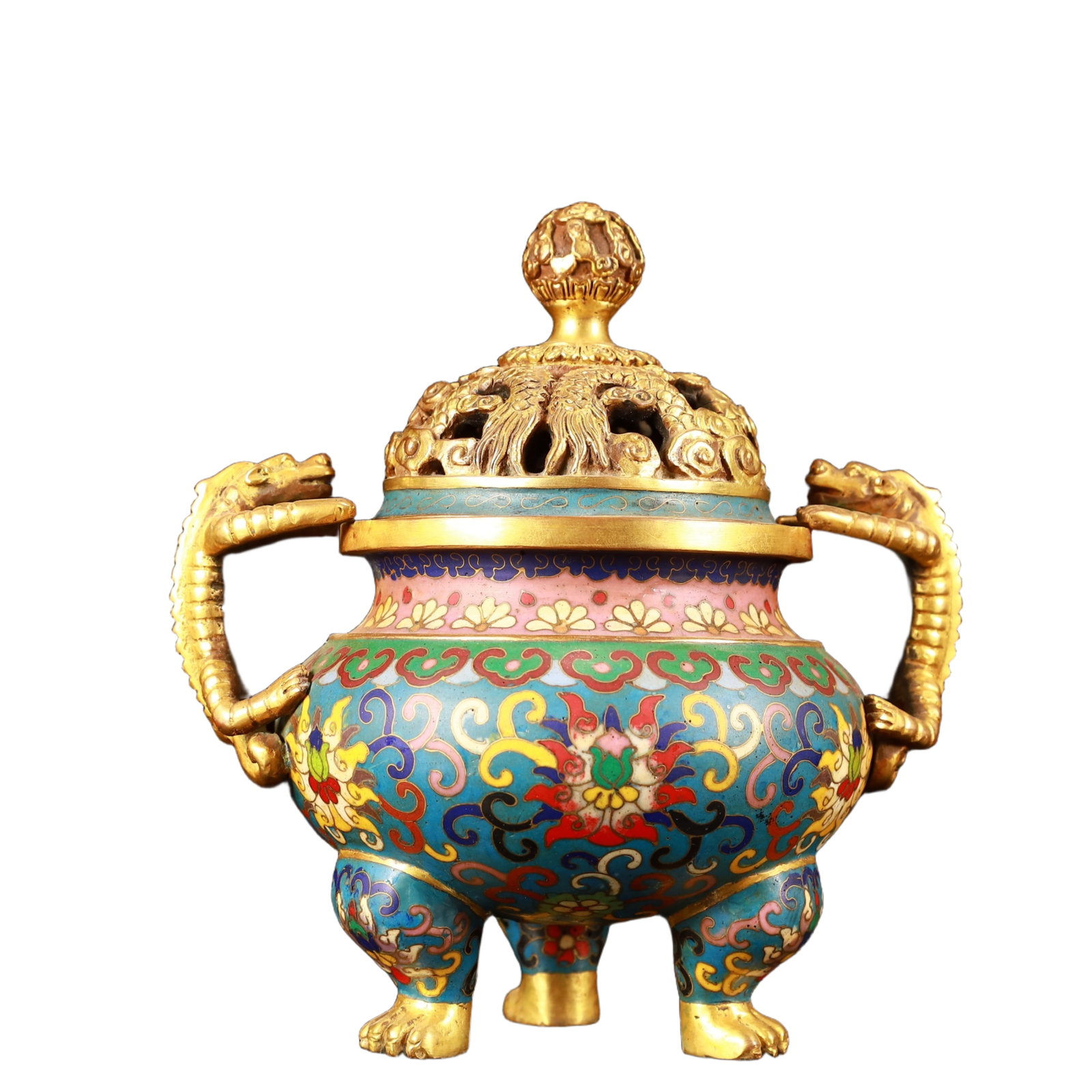 An Exquisite Cloisonne Lotus Pattern and Dragon Pattern Tripod Censer: An Exquisite Cloisonne Lotus Pattern and Dragon Pattern Tripod Censer,(A type of enamelware with metal wires separating colored glaze, originating in China),Qing Dynasty,China,Kangxi Six-character Mar