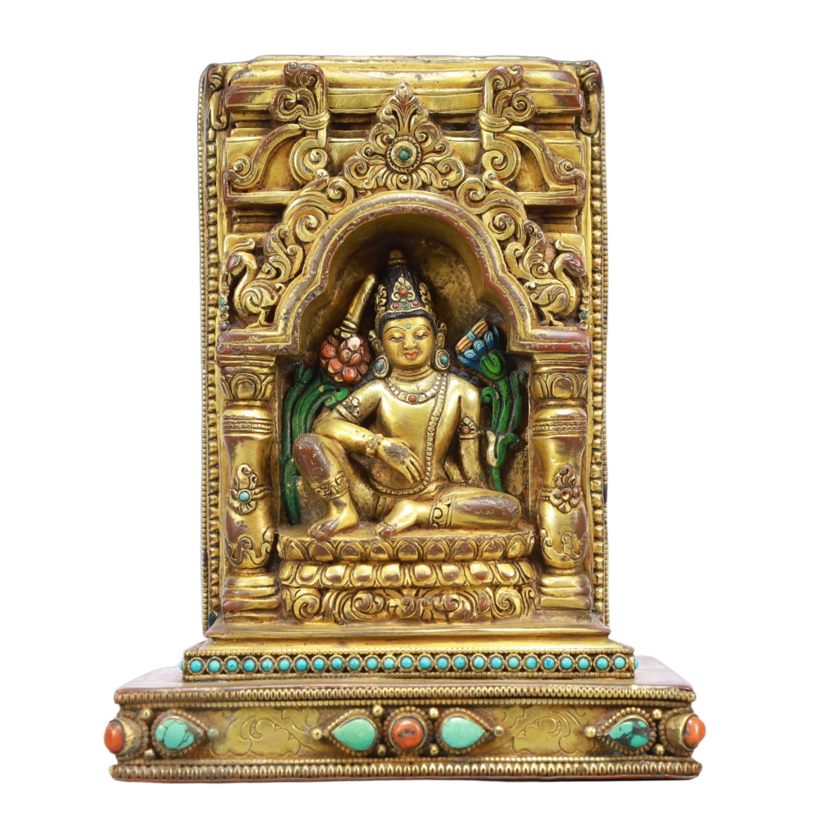 A Solemn Gilt Bronze Statue of Avalokitesvara,With Inscription,Inlaid Gems: A Solemn Gilt Bronze Statue of Avalokitesvara,With Inscription,Inlaid Gems,Qing Dynasty, China,Size:5.9inx3.7inx8.1in,Weight:2400g 铜鎏金自在观音像,