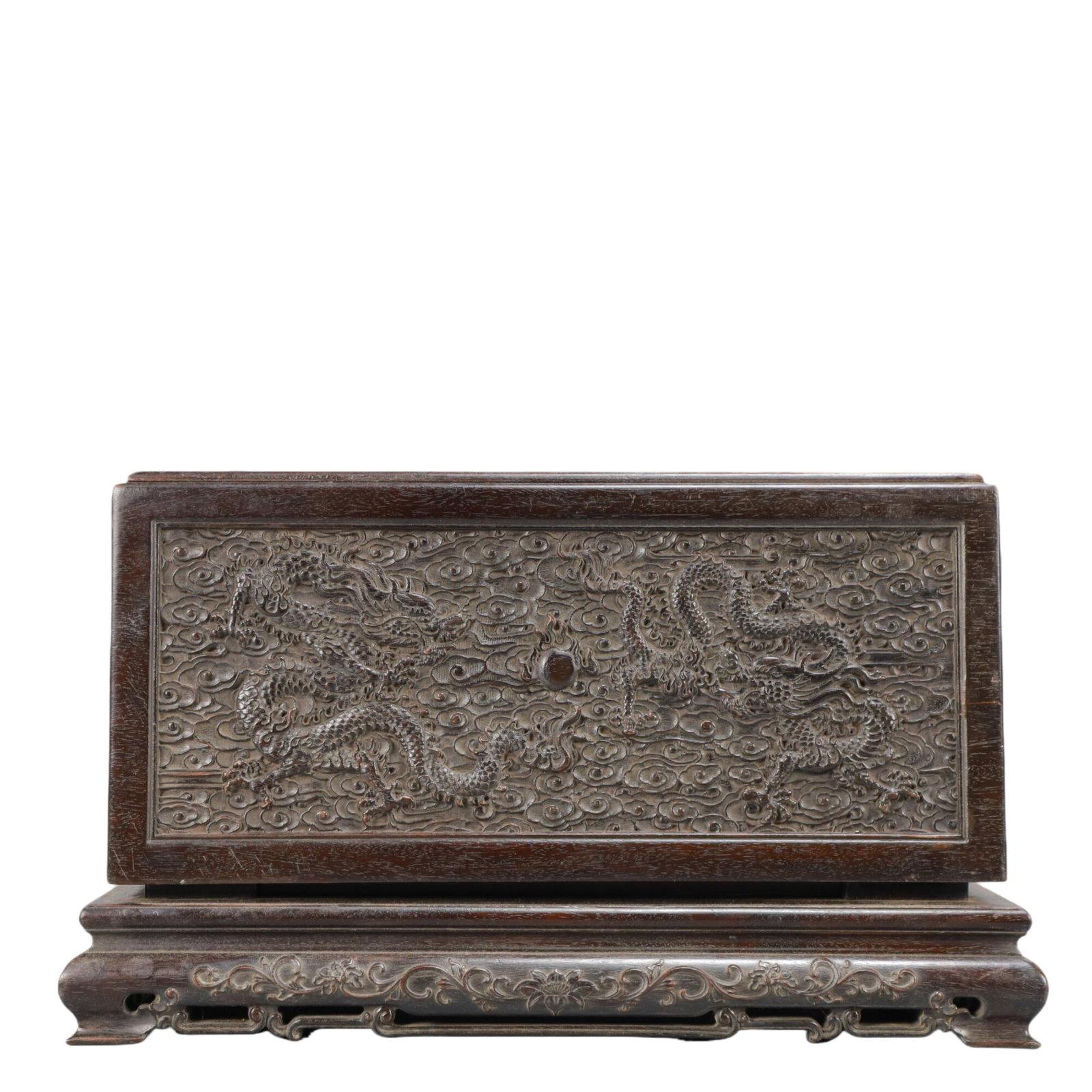 An Exquisite Zitanwood Auspicious Cloud and Dragon Pattern Box: An Exquisite Zitanwood Auspicious Cloud and Dragon Pattern Box,Qing Dynasty,China,Size:13.7inx8.4inx8.1in,Weight:4100g 紫檀木祥云龙纹盒,中国