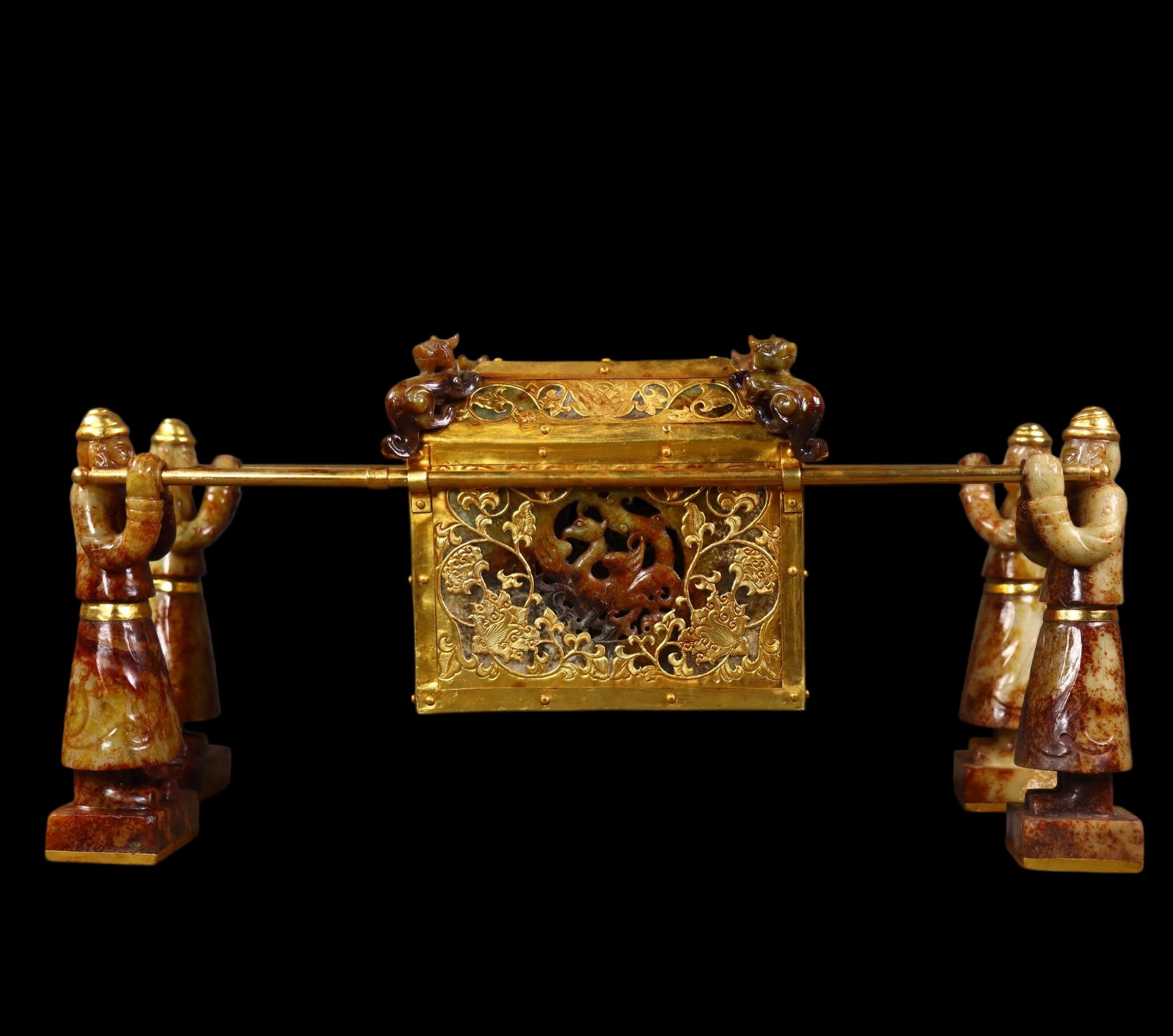 A Set of Fine Archaic Jade Cover with Gold Figure Ornaments: A Set of Fine Archaic Jade Cover with Gold Figure Ornaments,Qing Dynasty,China,Size:(entirety)8.1inx16.5inx7.5in,(Figure)7.1inx2.4inx1.6in,(Ornament)5.9inx6.7in,Weight:5480g