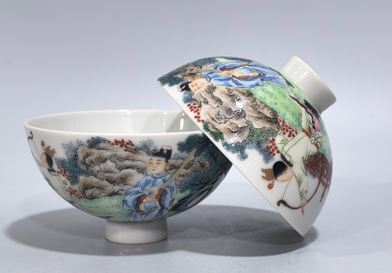 A Pair of Exquisite Famille-Rose Character and Story Pattern Stem Cups: A Pair of Exquisite Famille-Rose Character and Story Pattern Stem Cups,Qing Dynasty,China,Yongzheng Six-character Mark,Size:2inx3.7in 一对粉彩人物故事&#