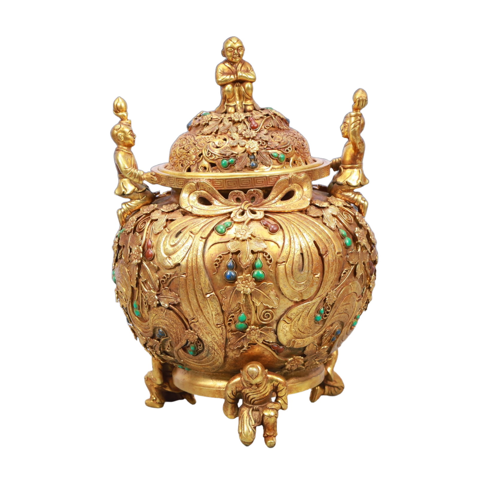 A Rare Gilt Bronze Gourd Pattern Double-Ears and Tripod Figure Censer,Inlaid Turquoise: A Rare Gilt Bronze Gourd Pattern Double-Ears and Tripod Figure Censer,Inlaid Turquoise,Qing Dynasty, China,Size:7.5inx11.8in,Weight:3350g 铜鎏金葫芦纹双೑