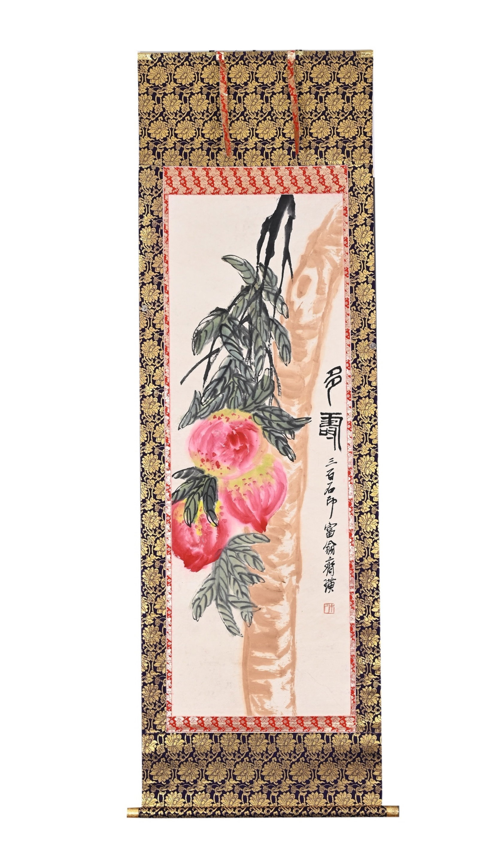 A Chinese Vertical Scroll Ink Painting of Peach on Paper: A Chinese Vertical Scroll Ink Painting of Peach on Paper,Qi Baishi,Size:49.6inx16.5in 一幅中国水墨桃子画立轴,齐白石