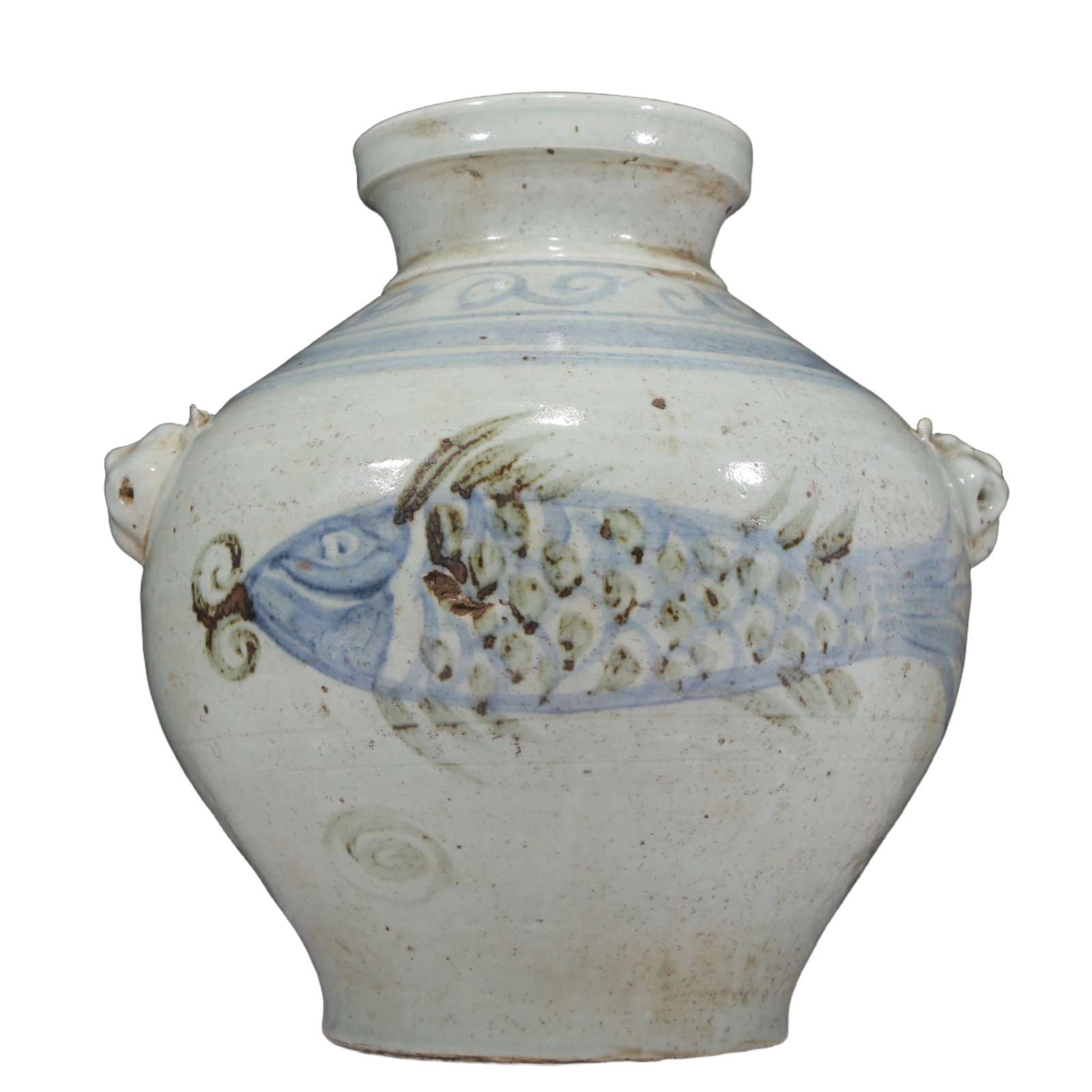 An Elaborate Blue And White Copper-Red 'Fish' Beast-Handled Korean Jar (1 of 10)