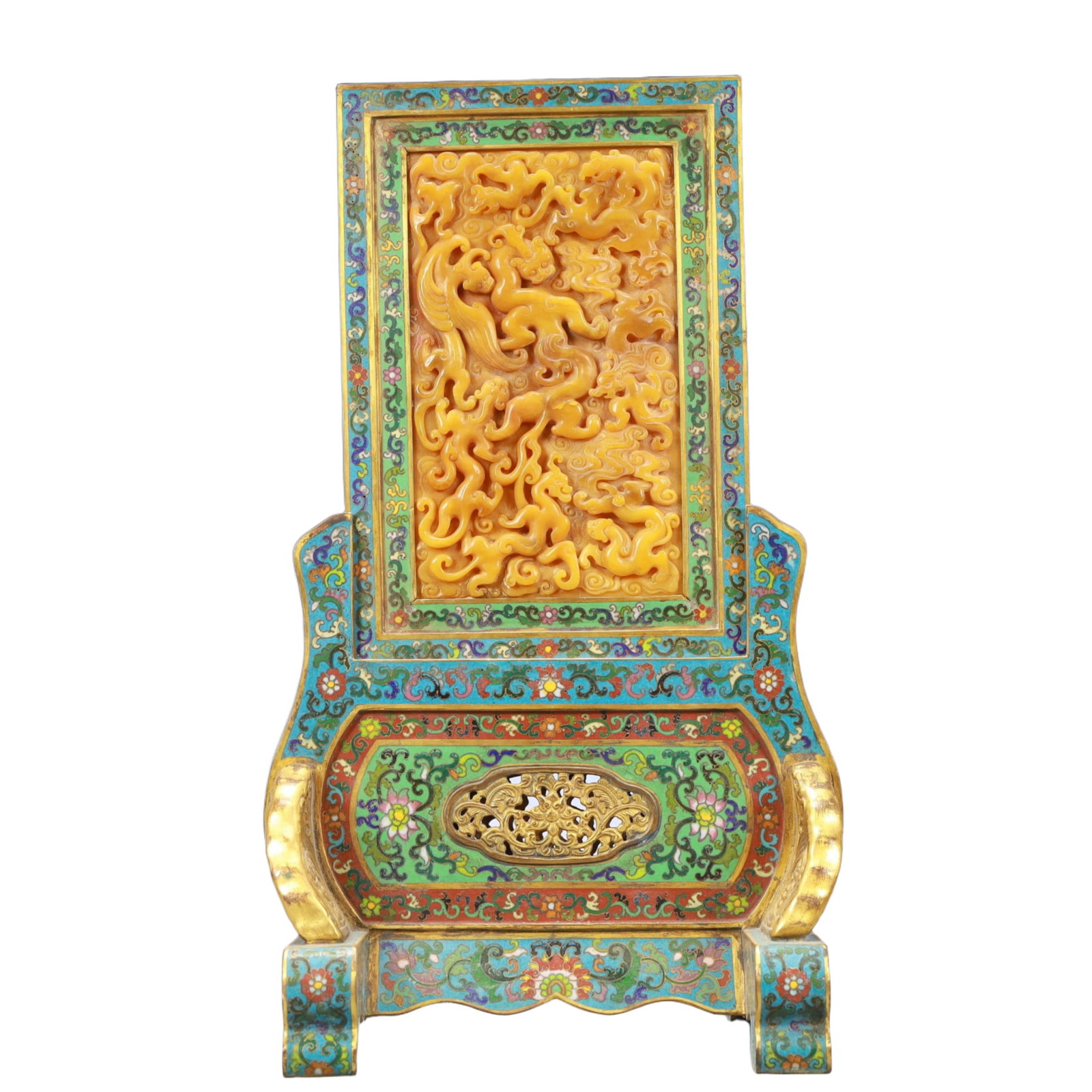 A Huge Cloisonne Inlaid Yellow Jade Chi-Dragon Pattern Table Screen: A Huge Cloisonne Inlaid Yellow Jade Chi-Dragon Pattern Table Screen,Qing Dynasty, China,Qianlong Four-character Mark,Size:8.7inx7.1inx16.5in,Weight:4500g 景泰蓝嵌黄஍