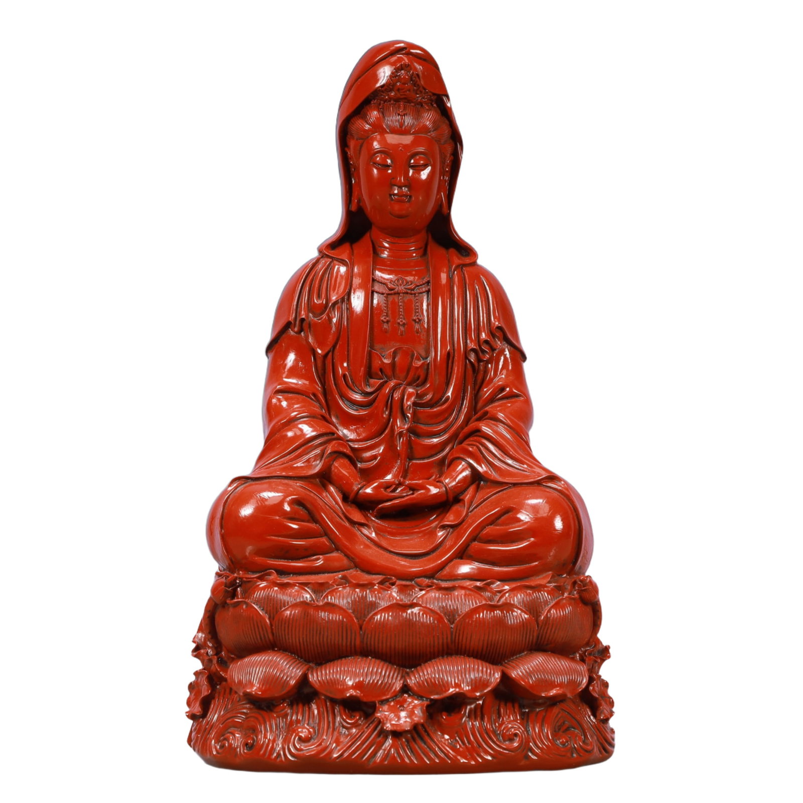 A Rare Carved Red Lacquer Statue of Avalokitesvara: A Rare Carved Red Lacquer Statue of Avalokitesvara,Qing Dynasty, China,Qianlong Six-character Mark,Size:9.1inx6.5inx15.7in,Weight:2000g 剔红漆器观音像,中