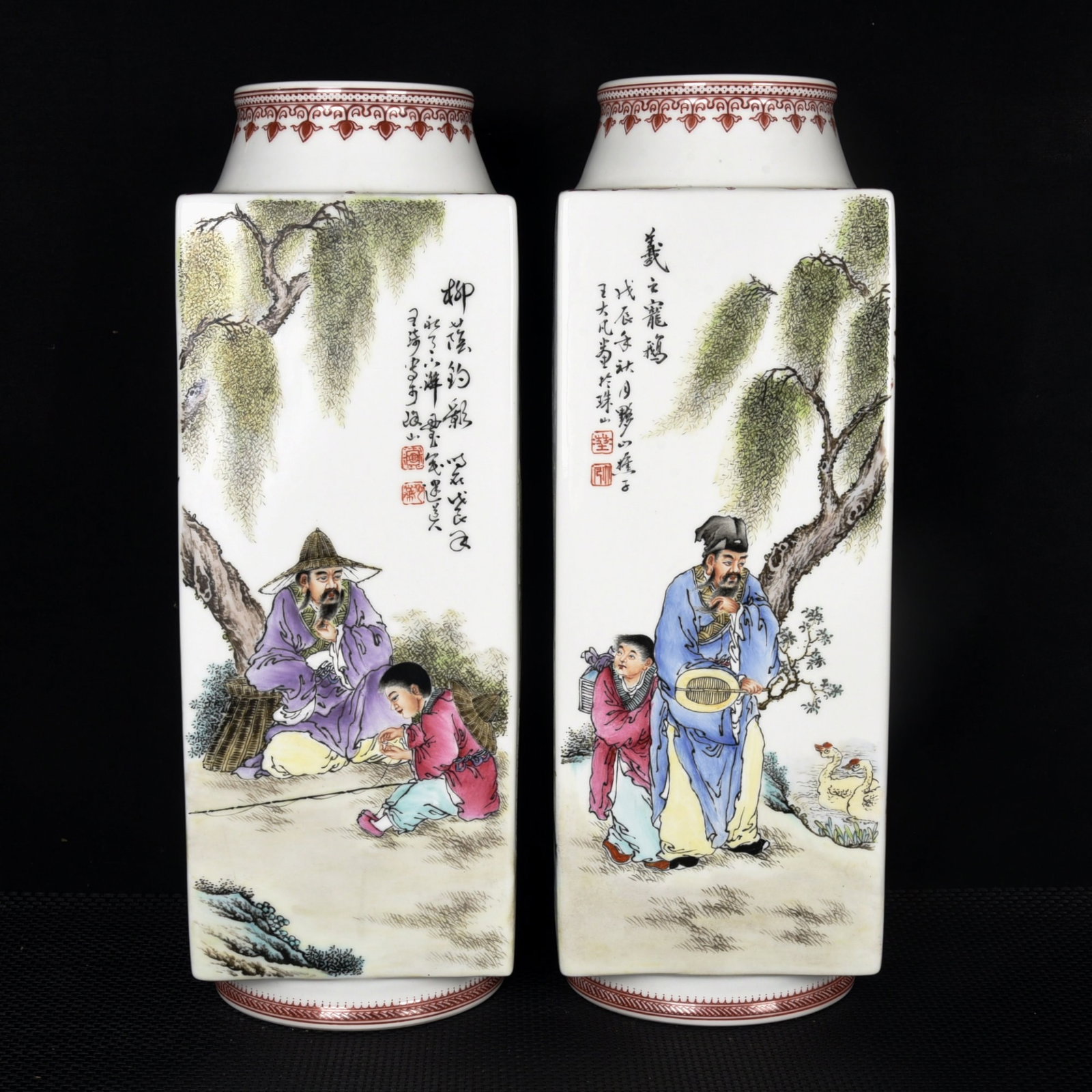 A Pair of Huge Famille-Rose Character and Story Pattern Vases,with poem: A Pair of Huge Famille-Rose Character and Story Pattern Vases,with poem,the Republic of China,With Mark,Size:19.3inx6.7in
