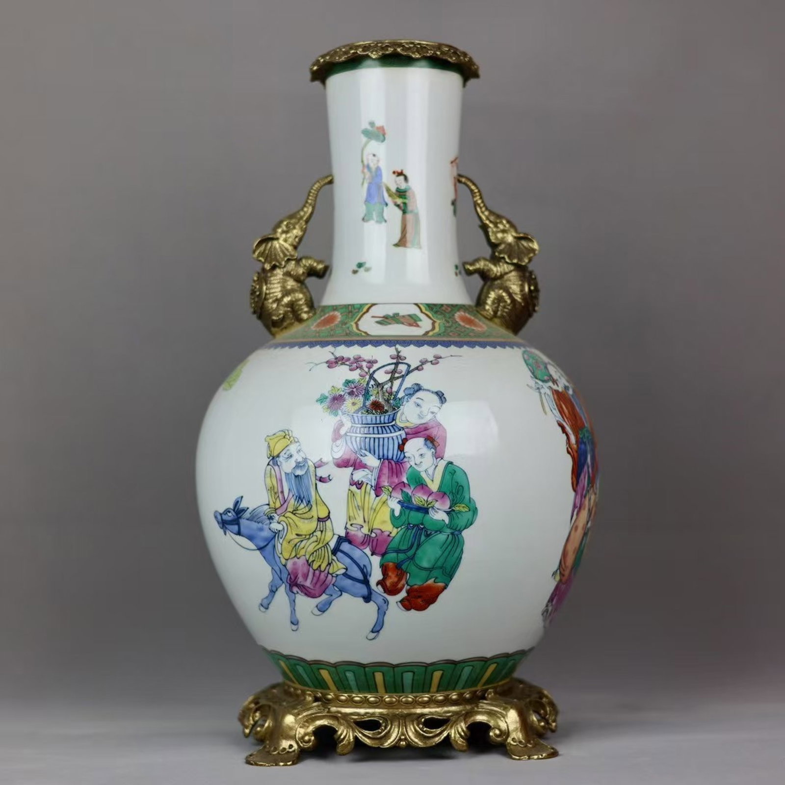 A Huge Wucai Inlaid Bronze Character and Story Pattern Double-Ears Vase: A Huge Wucai Inlaid Bronze Character and Story Pattern Double-Ears Vase,Qing Dynasty,China,Kangxi Six-character Mark,Size:18.1inx9.8in