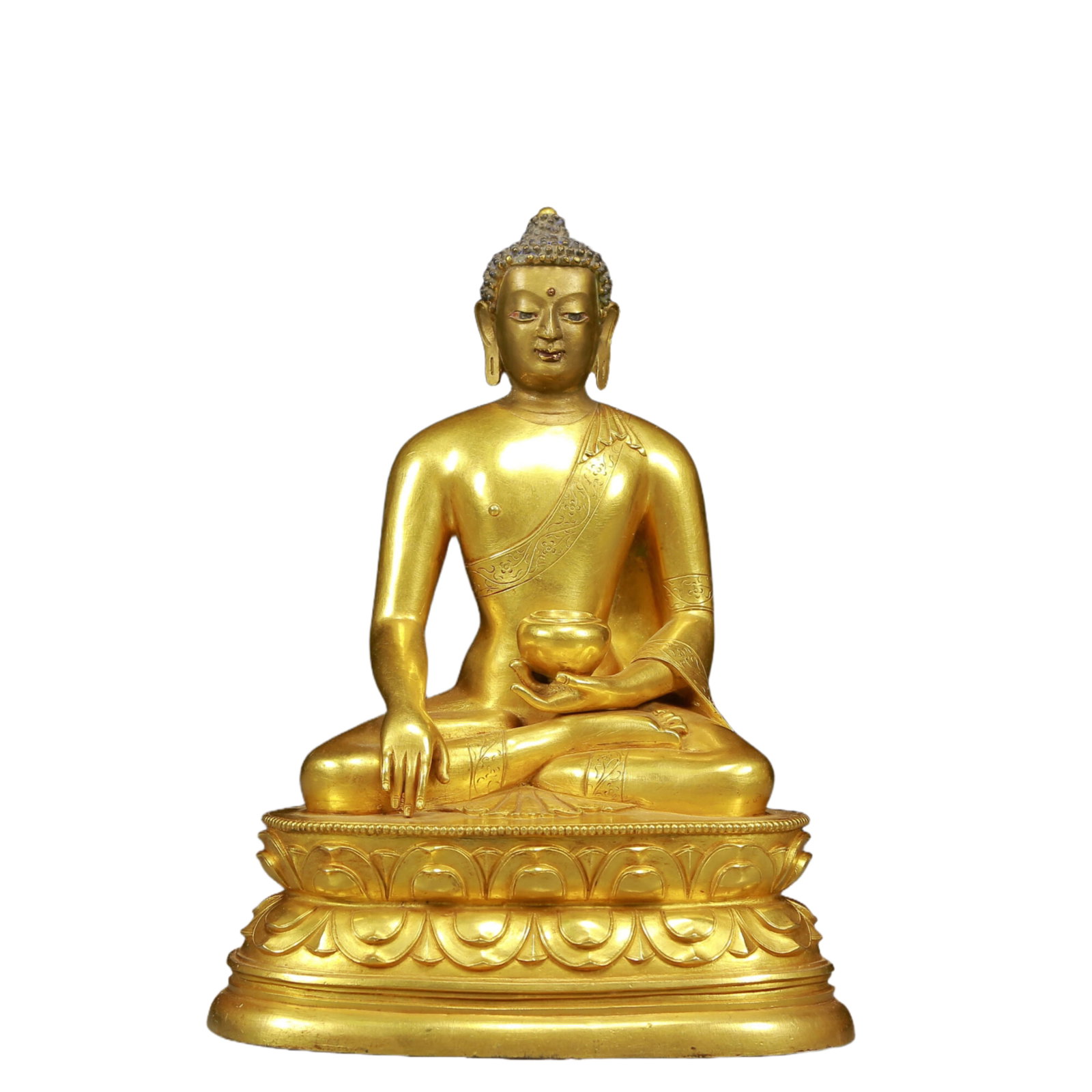 A Solemn Gilt Bronze Statue of Sakyamuni: A Solemn Gilt Bronze Statue of Sakyamuni,Ming Dynasty, China,Size:6.1inx4.1inx8.3in,Weight:2565g 铜鎏金释迦摩尼像，明代