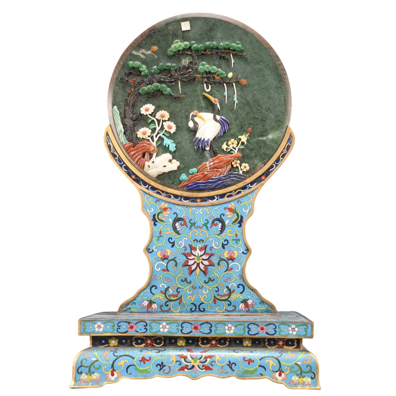 A Precious Cloisonne Inlaid Gems Jasper Flower and Bird Pattern Table Screen: A Precious Cloisonne Inlaid Gems Jasper Flower and Bird Pattern Table Screen,Qing Dynasty, China,Size:13inx9.1inx21.7in Weight:7200g 景泰蓝嵌百宝碧玉