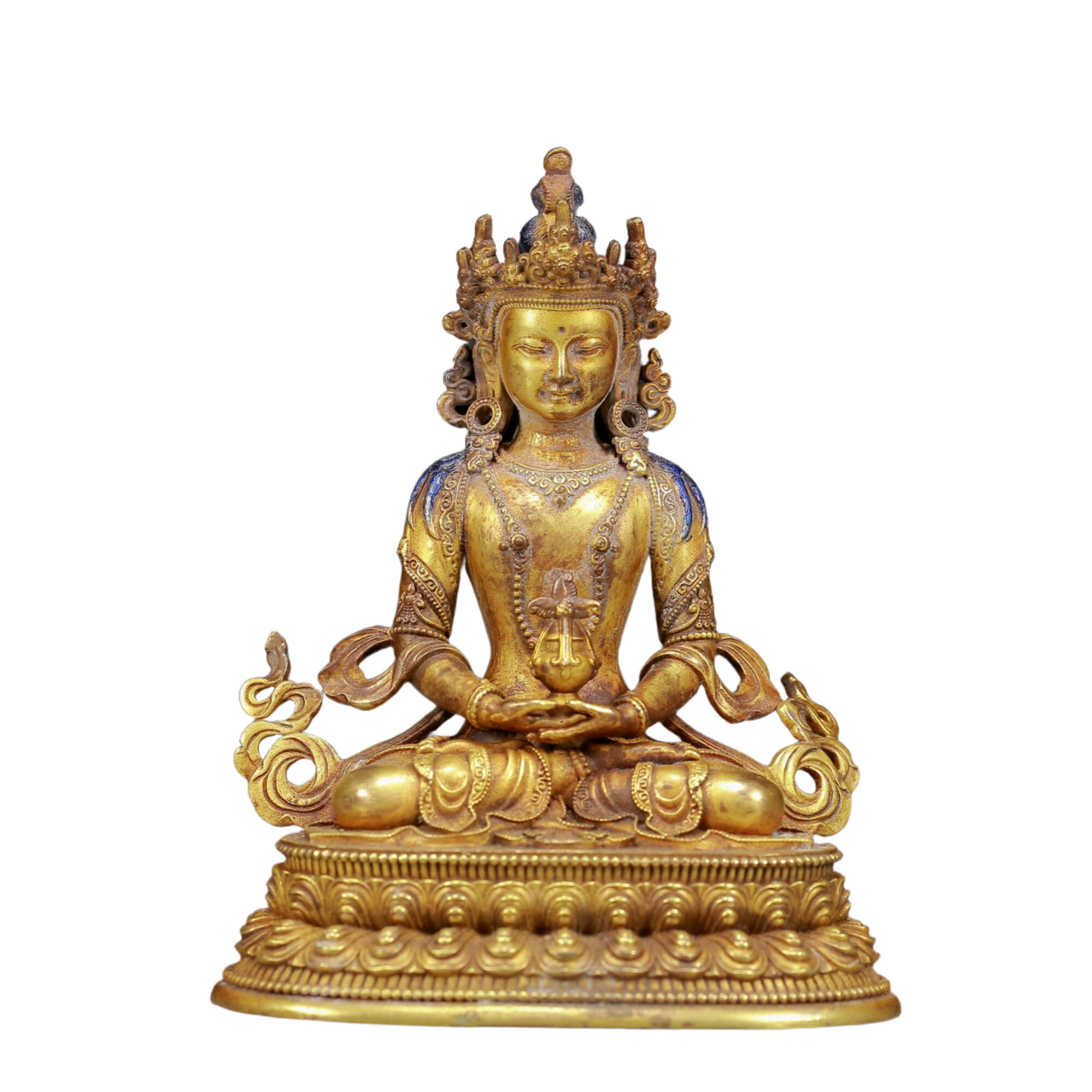 A Solemn Gilt Bronze Statue of Amitayus: A Solemn Gilt Bronze Statue of Amitayus,Ming Dynasty, China,Size:3.3inx2.4inx4.1in,Weight:355g 铜鎏金无量寿佛像，明代