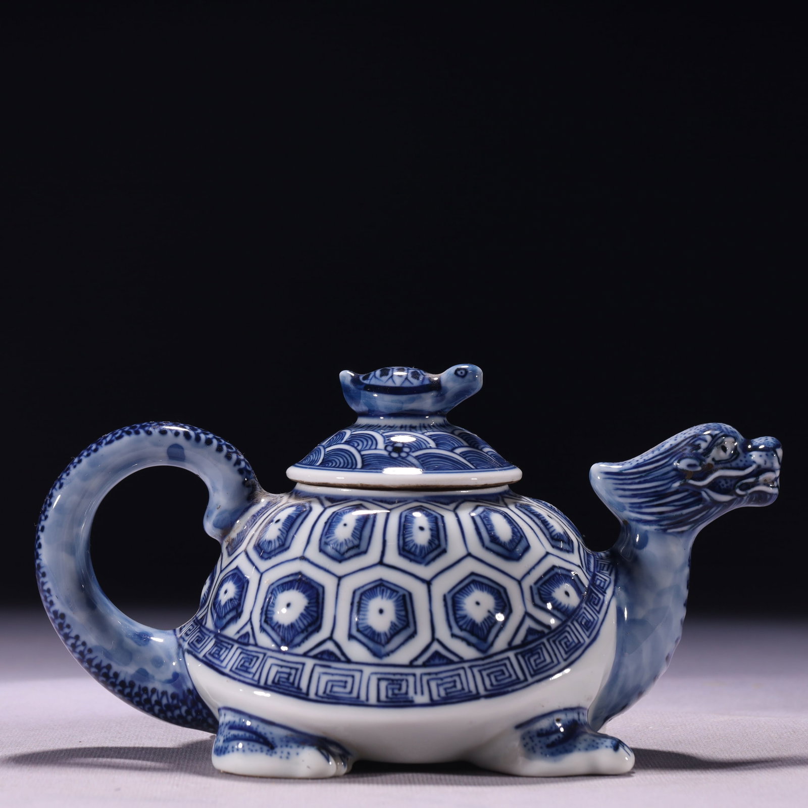 An Exquisite Blue and White Seawater Pattern Dragon and Turtle Teapot (1 of 16)