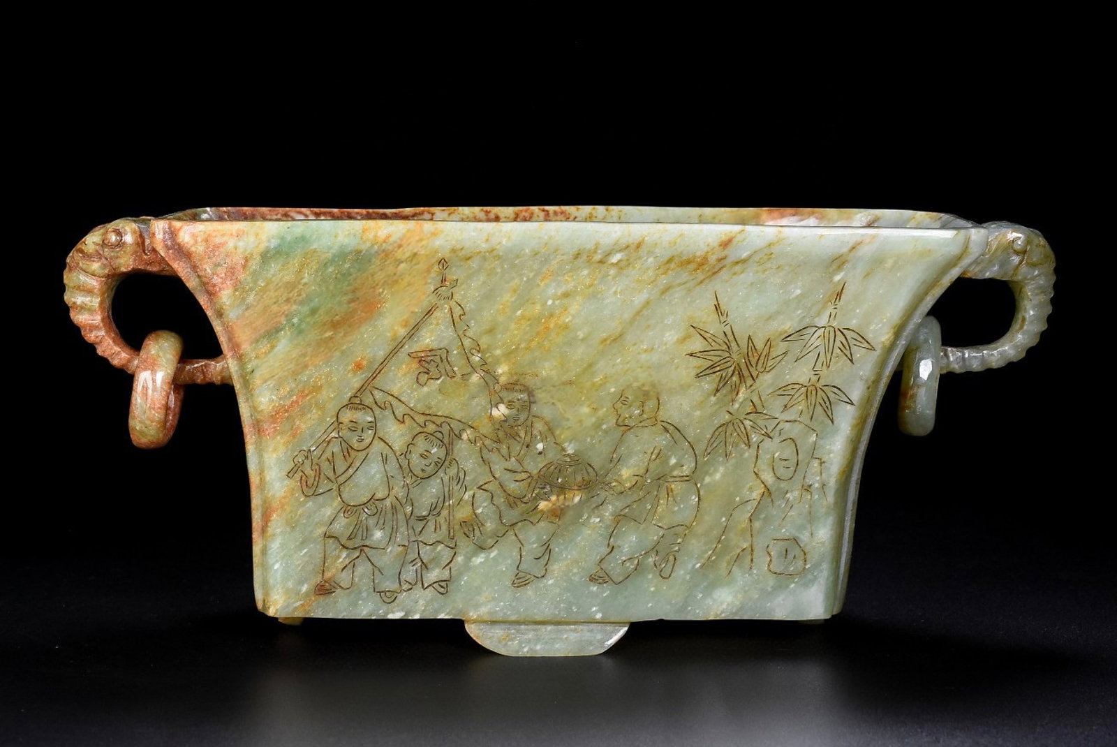 An Exquisite White Jade Character and Story Pattern Elephant-Ears Censer: An Exquisite White Jade Character and Story Pattern Elephant-Ears Censer,Qing Dynasty,China,Qianlong Four-character Mark,Size:4.3inx10.6inx3.1in,Weight:1139g 白玉人物故&#