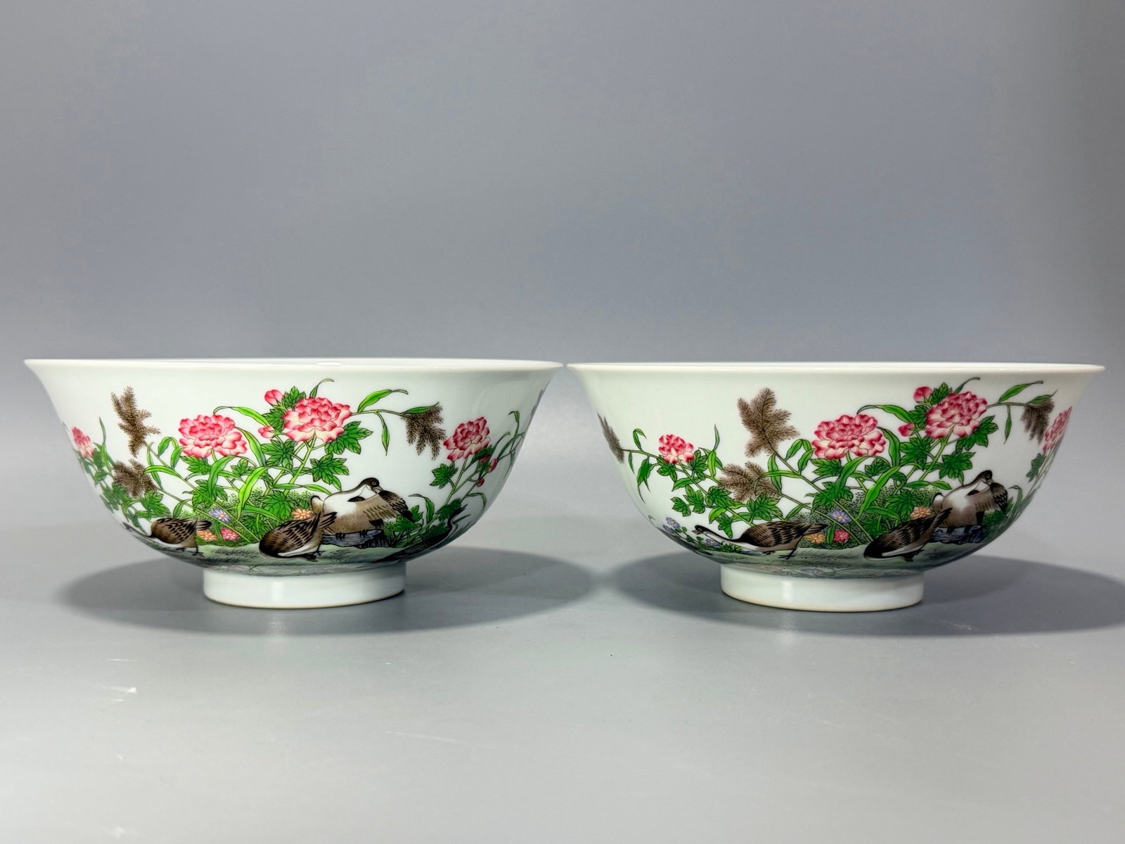 A Pair of Exquisite Enamel Flower and Bird Pattern Bowls,with poem: A Pair of Exquisite Enamel Flower and Bird Pattern Bowls,with poem,Qing Dynasty,China,Yongzheng Six-character Mark,Size:3inx6.7in 一对珐琅彩花鸟纹ఏ