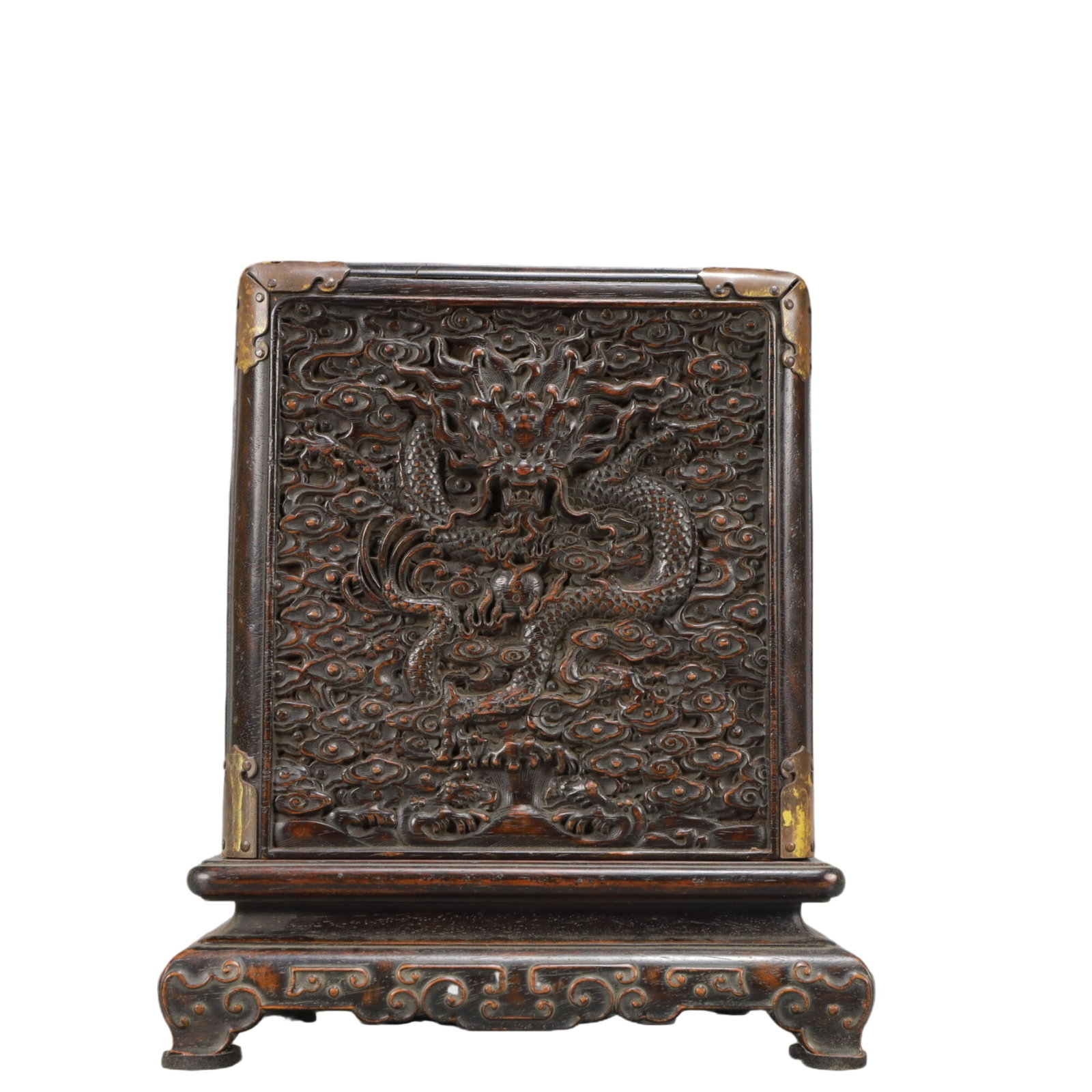 An Exquisite Zitanwood Auspicious Cloud and Dragon Pattern Box: An Exquisite Zitanwood Auspicious Cloud and Dragon Pattern Box,Qing Dynasty,China,Size:3.3inx3.3inx4.8in,Weight:1450g 紫檀木祥云龙纹盒,中国&