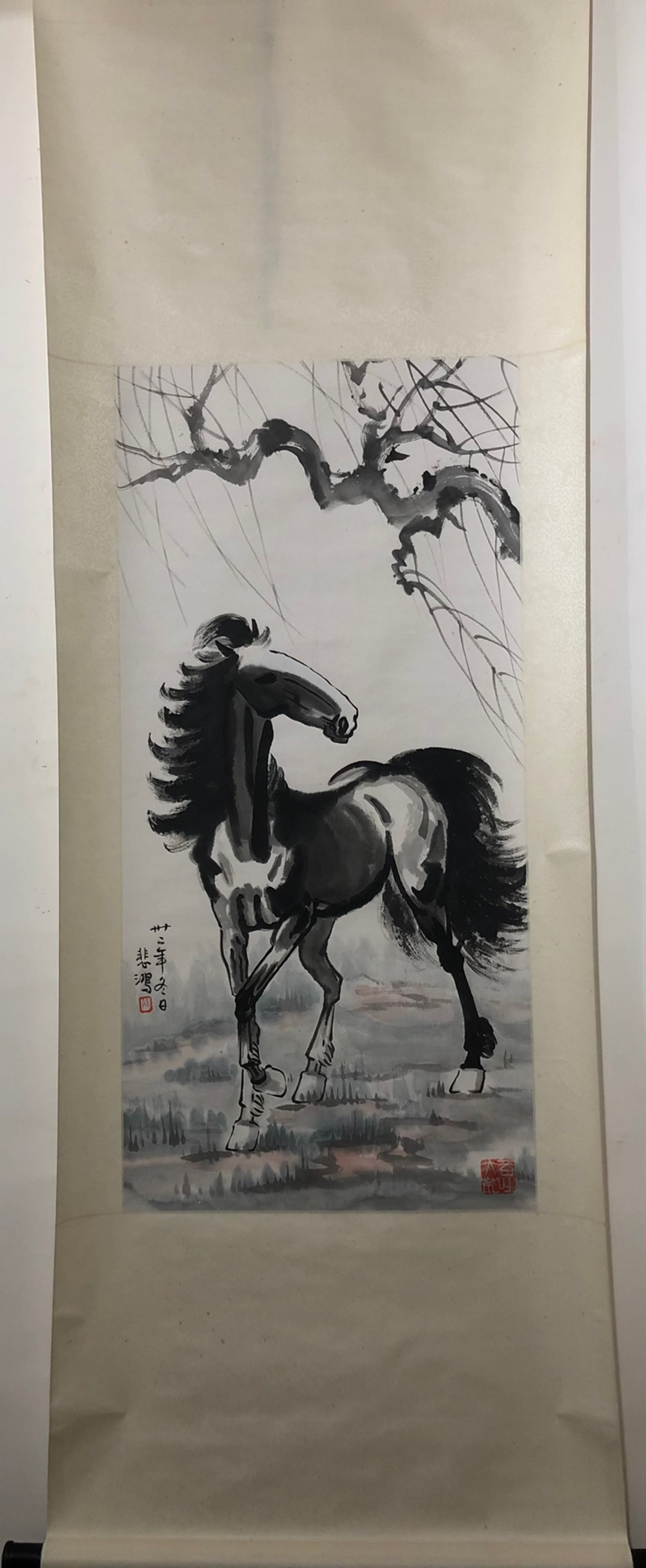 A Chinese Vertical Scroll Ink Painting of Horse on Paper: A Chinese Vertical Scroll Ink Painting of Horse on Paper,Xu Beihong,Size:38.2inx18.1in 一幅中国水墨骏马画立轴,徐悲鸿