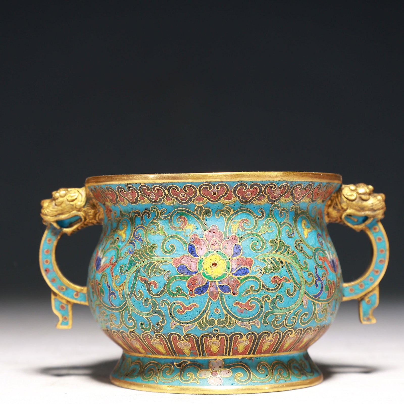 An Exquisite Cloisonne Lotus Pattern Beast-Ears Censer: An Exquisite Cloisonne Lotus Pattern Beast-Ears Censer,Qing Dynasty,China,Qianlong Four-character Mark,Size:4.7inx3.5inx3in,Weight:400g 景泰蓝缠枝莲纹兽