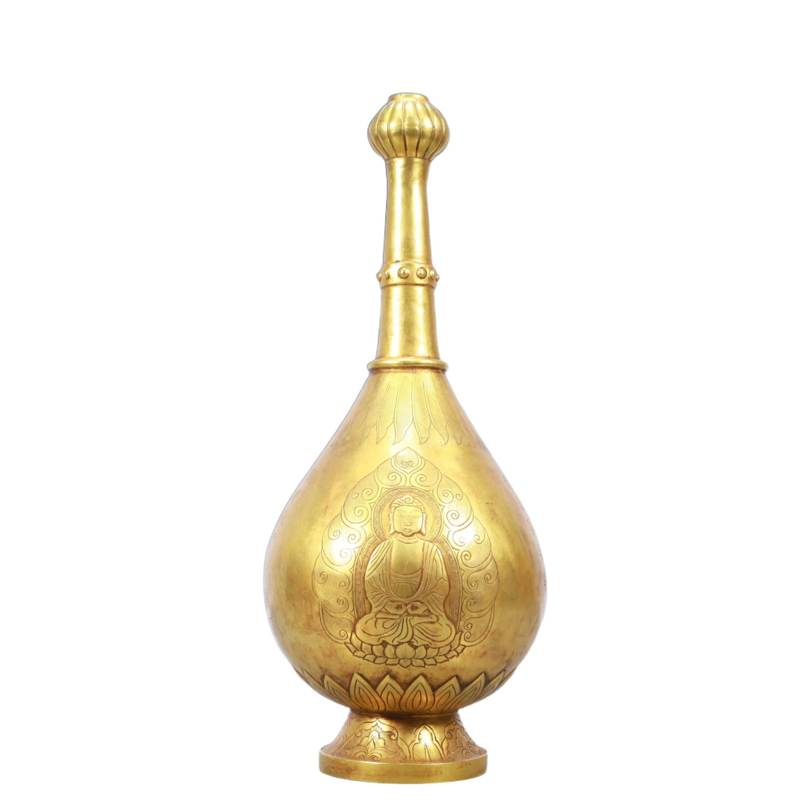 A Rare Gilt Bronze Buddha Statue Pattern Vase: A Rare Gilt Bronze Buddha Statue Pattern Vase,Qing Dynasty, China,Size:5.5inx15in,Weight:1500g 铜鎏金佛像纹瓶,中国清代